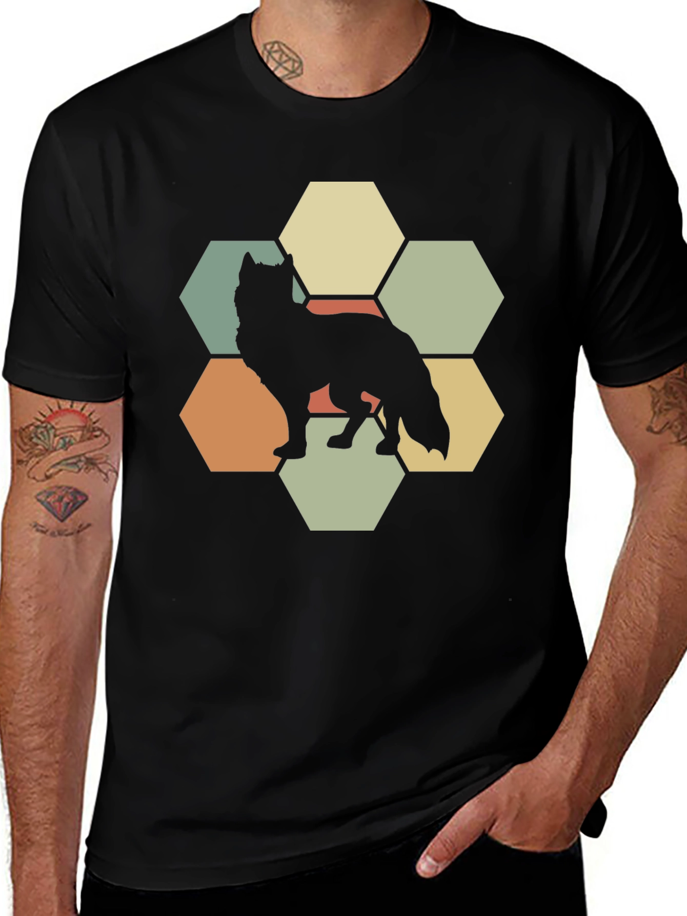 Variant 11 of Wolf Hexagon Graphic Tee - Retro Style Animal Shirt