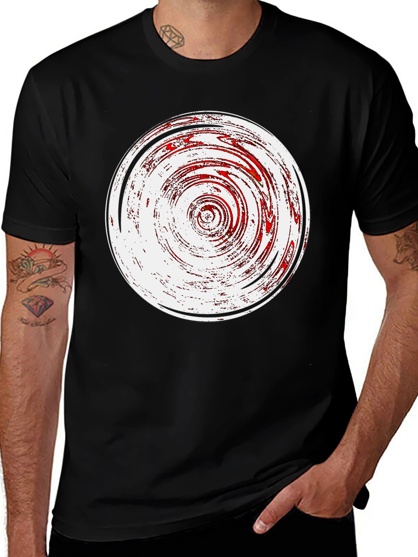 Variant 9 of Abstract Red & White Swirl Graphic Black T-Shirt