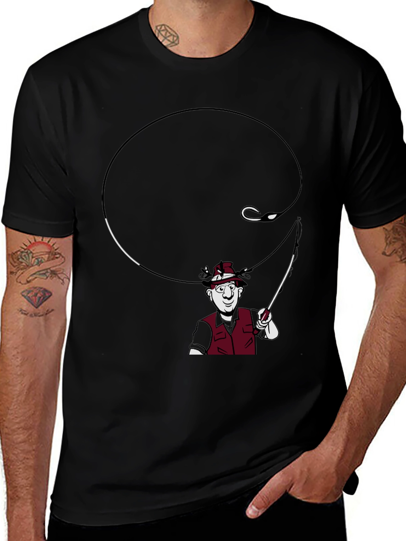 Black Fishing Cartoon Graphic T-Shirt main image