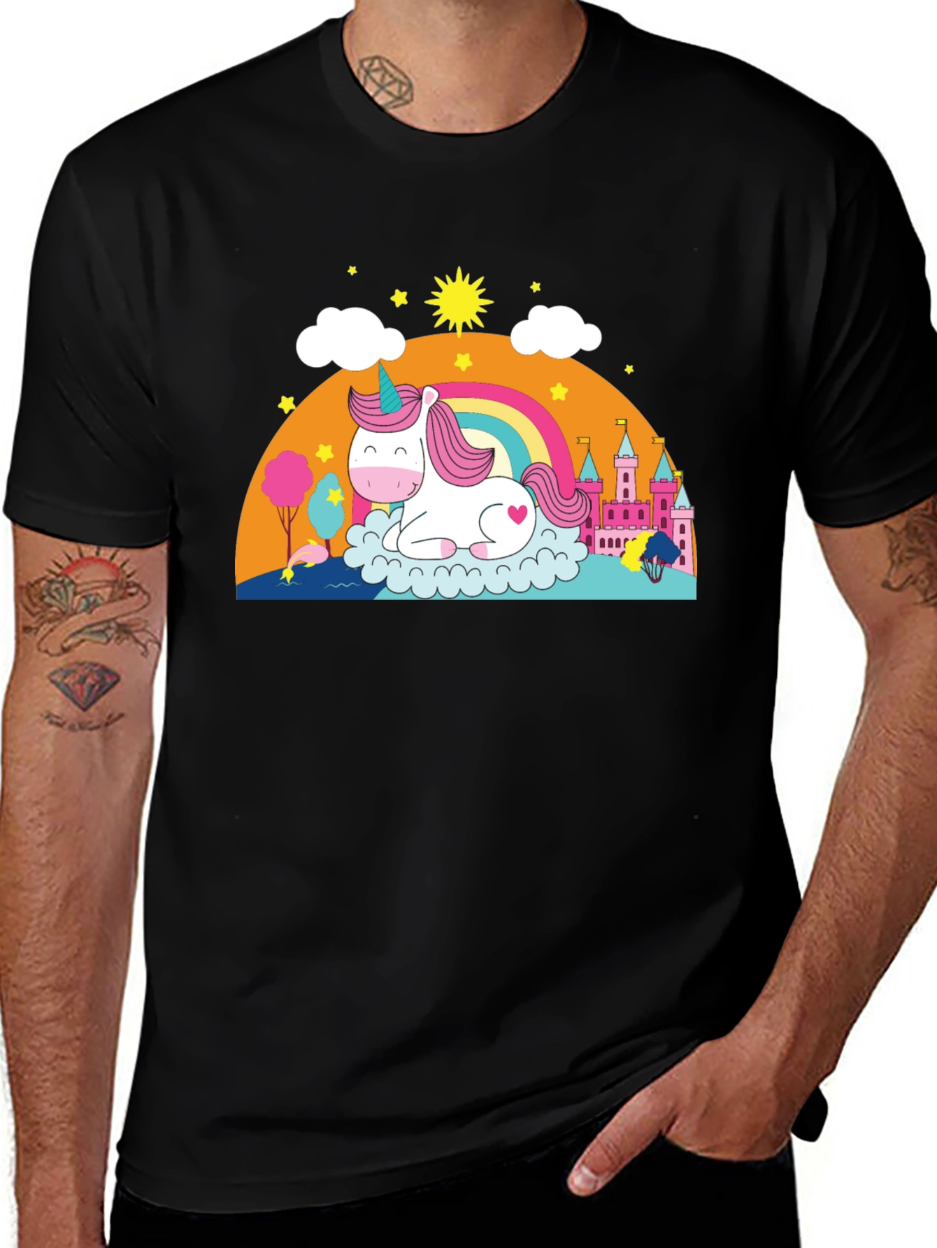 Variant 8 of Unicorn Rainbow Castle Graphic Tee - Black Cotton Blend