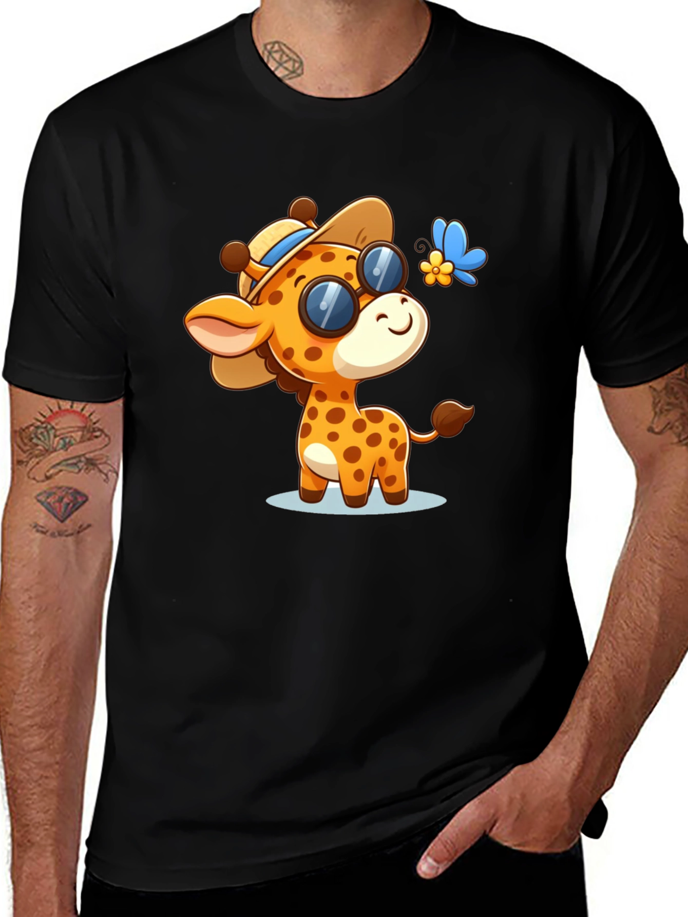 Variant 2 of Cartoon Giraffe Graphic Tee - Stylish Black Shirt