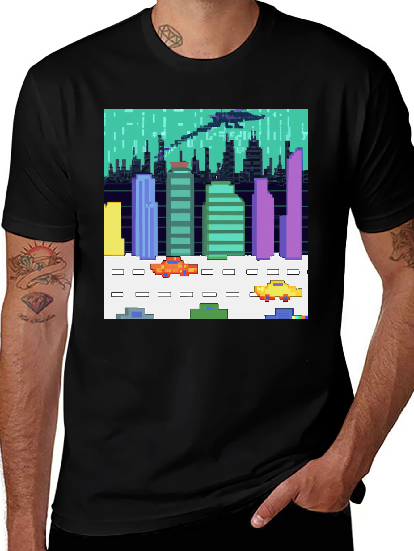 Variant 4 of Retro Arcade Cityscape Pixel Art T-Shirt