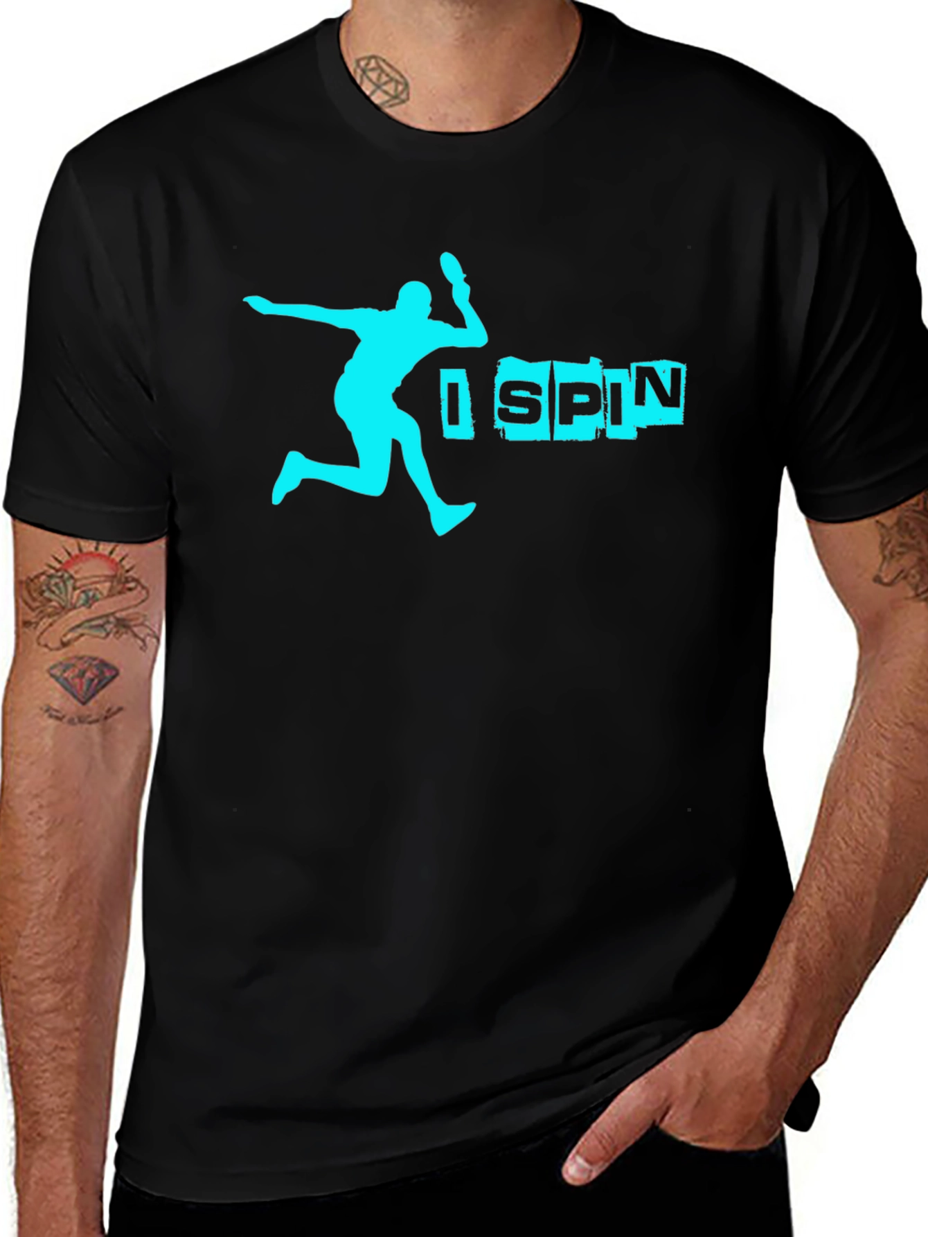 Variant 3 of I SPIN Black Graphic Tee - Table Tennis Player Design