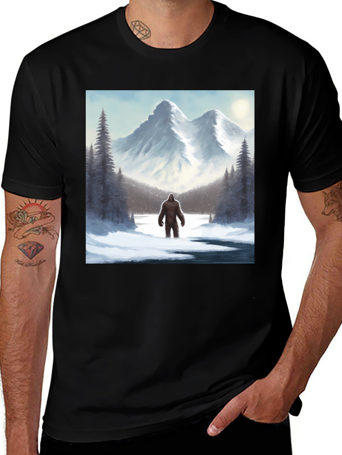 Bigfoot Winter Scene Black T-Shirt
