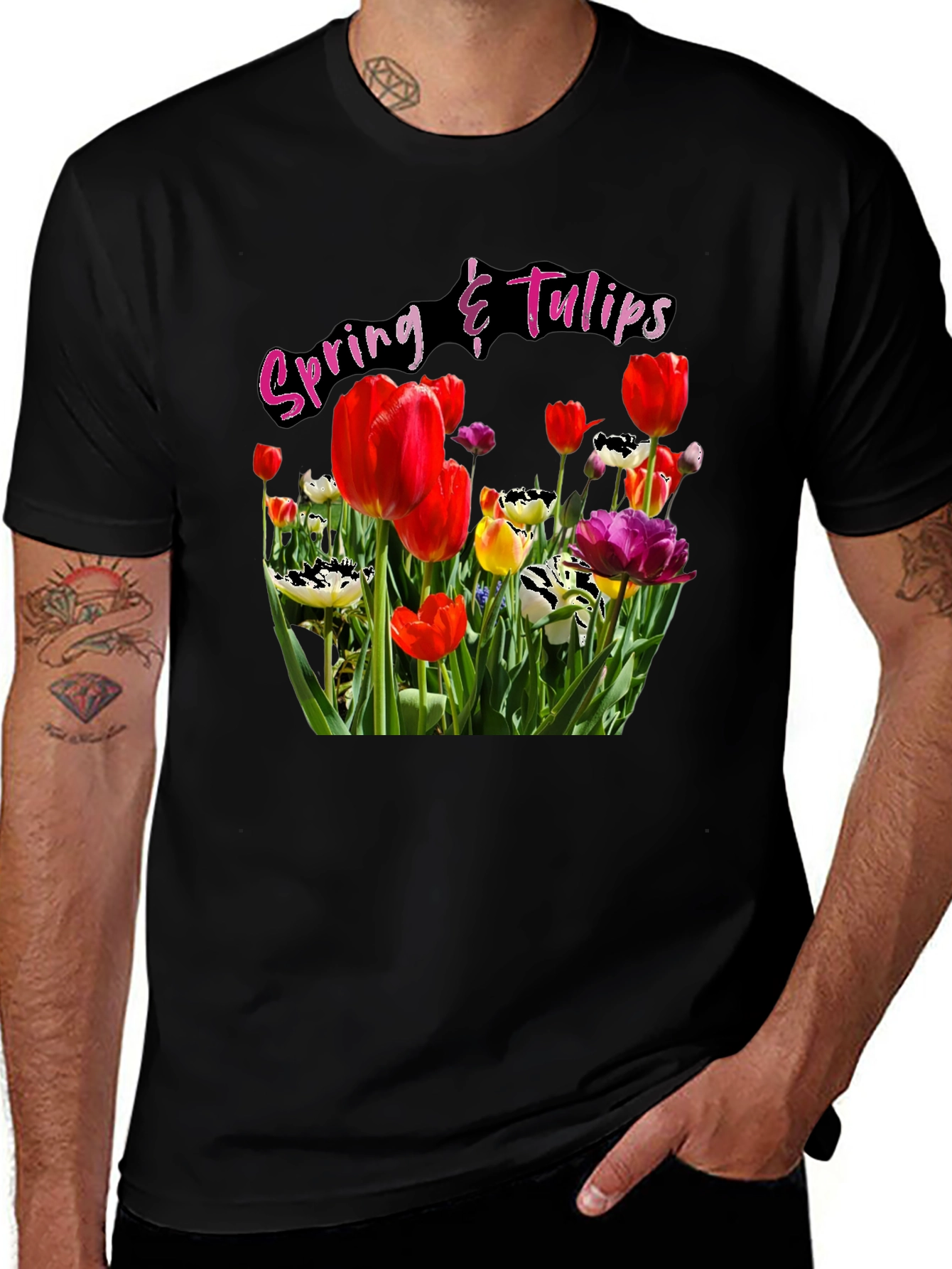 Variant 17 of Spring Tulips Graphic Black T-Shirt