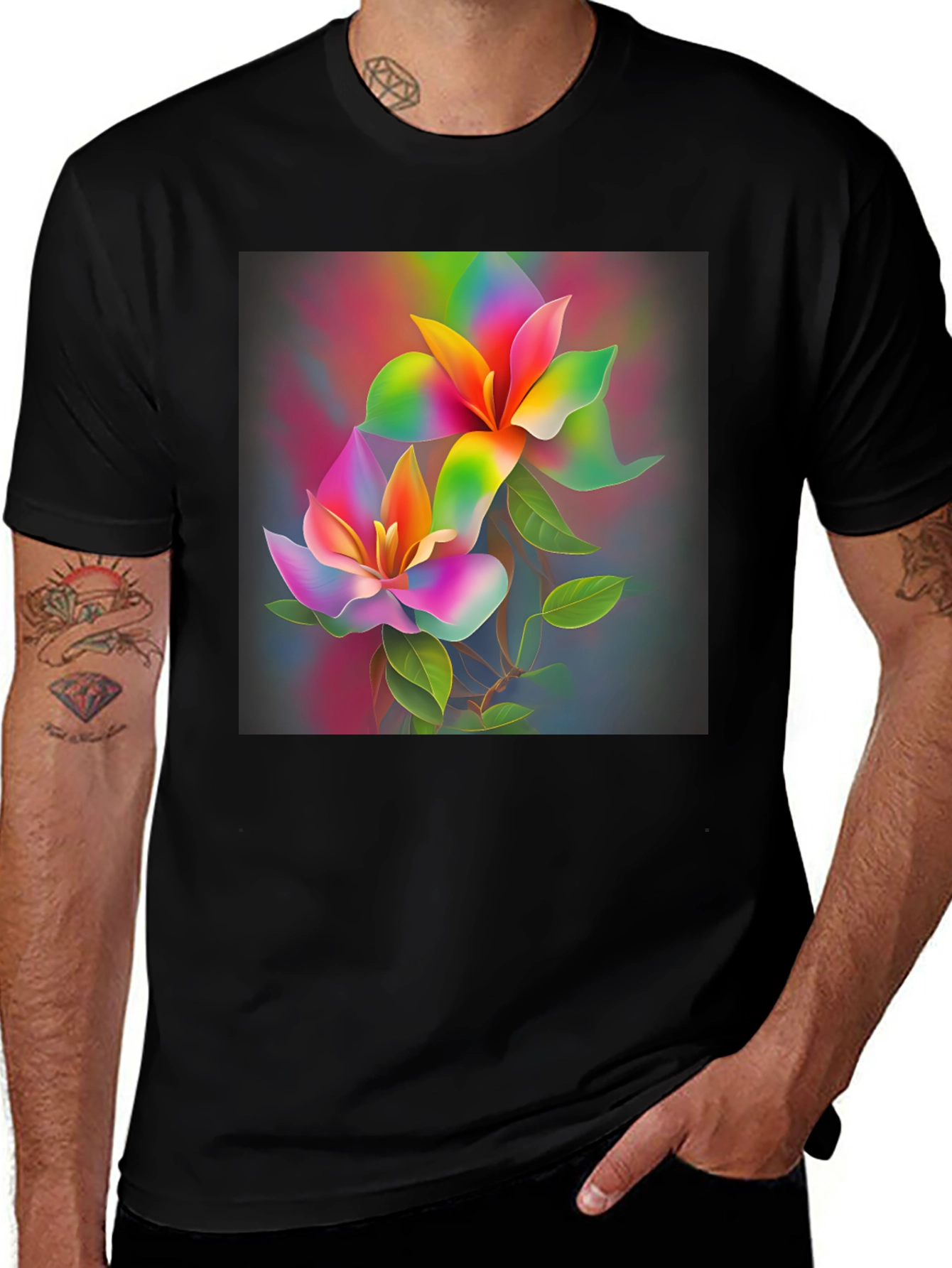 Variant 21 of Floral Print T-Shirt: Vibrant Rainbow Blossom Design
