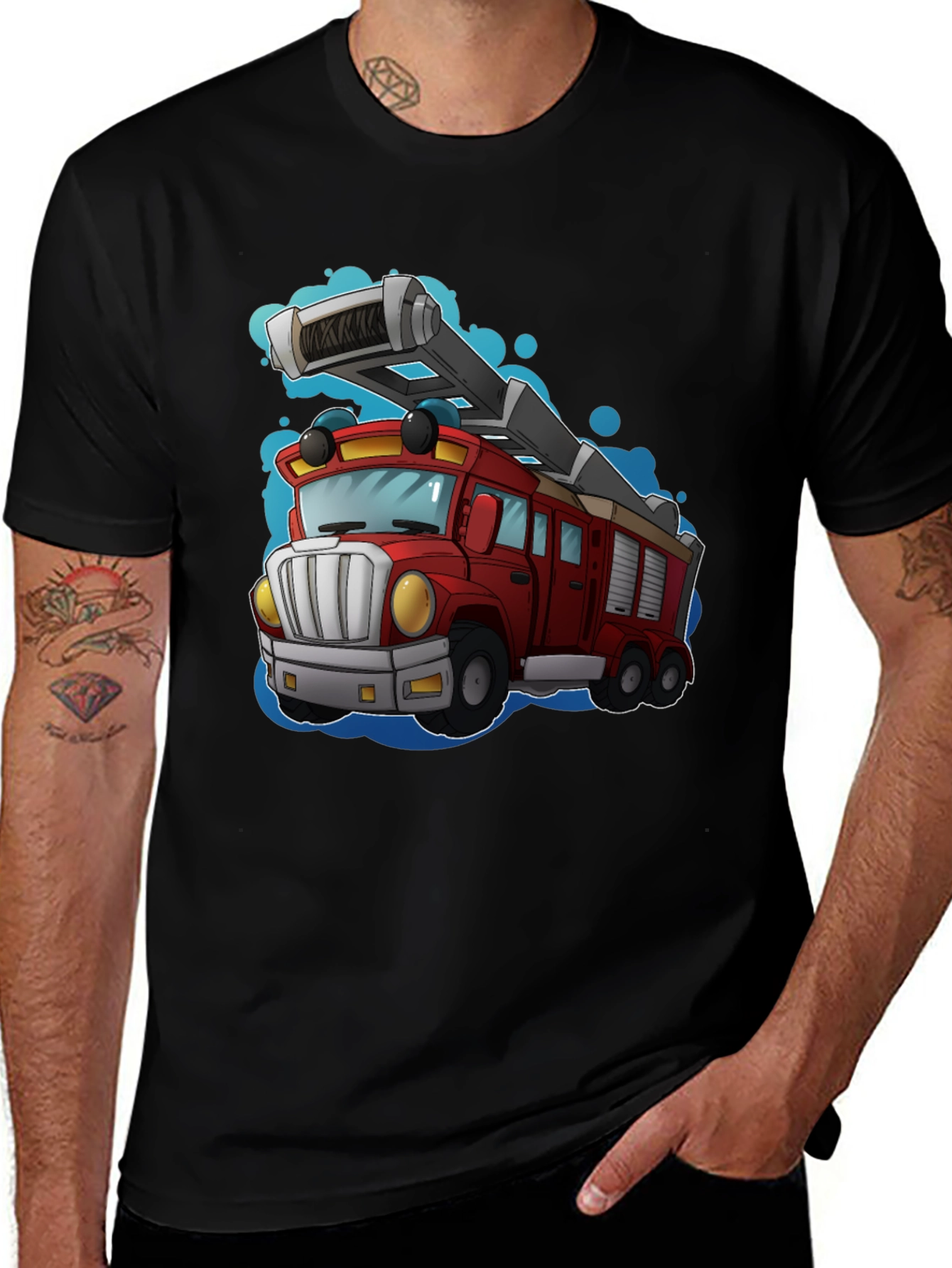 Black Cartoon Fire Truck T-Shirt main image