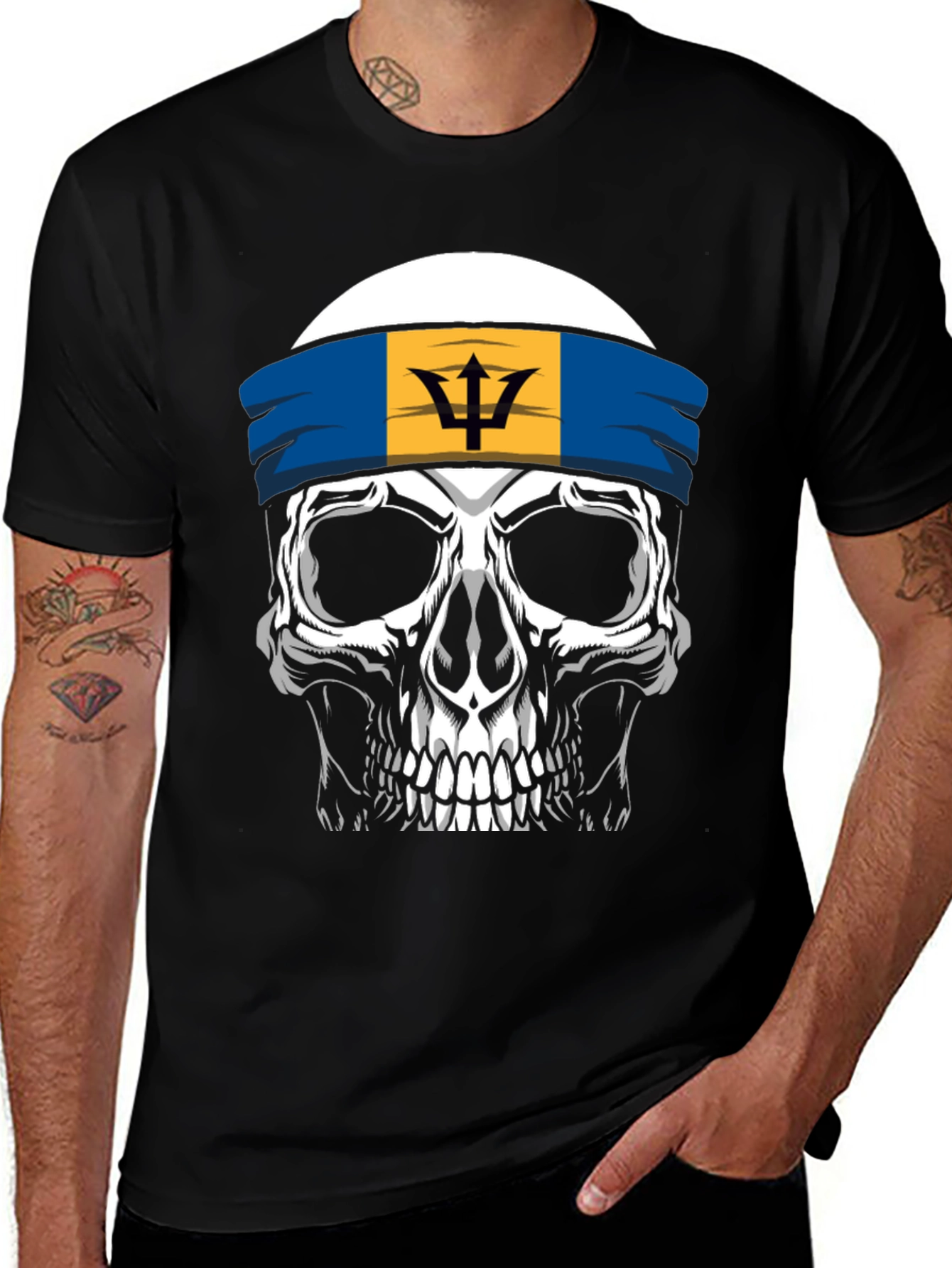 Barbados Flag Skull Graphic Tee - Black