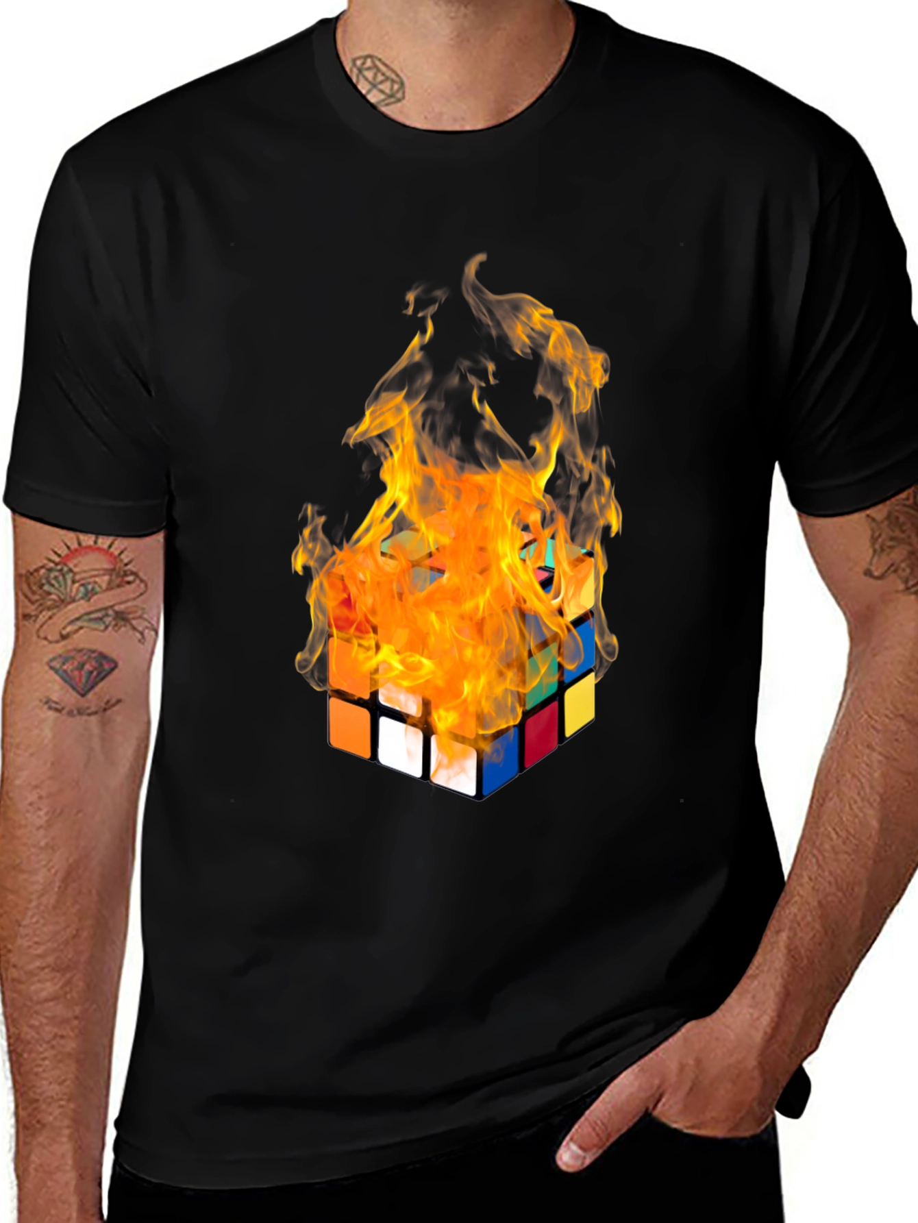 Variant 4 of Flaming Rubik's Cube Graphic Tee - Cool Design