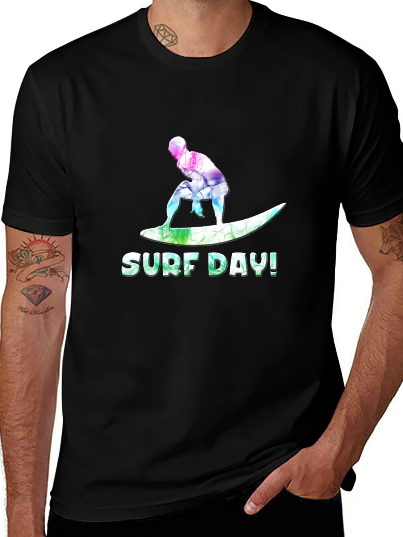 Variant 5 of Surf Day T-Shirt - Black Cotton Tee Surfing Design