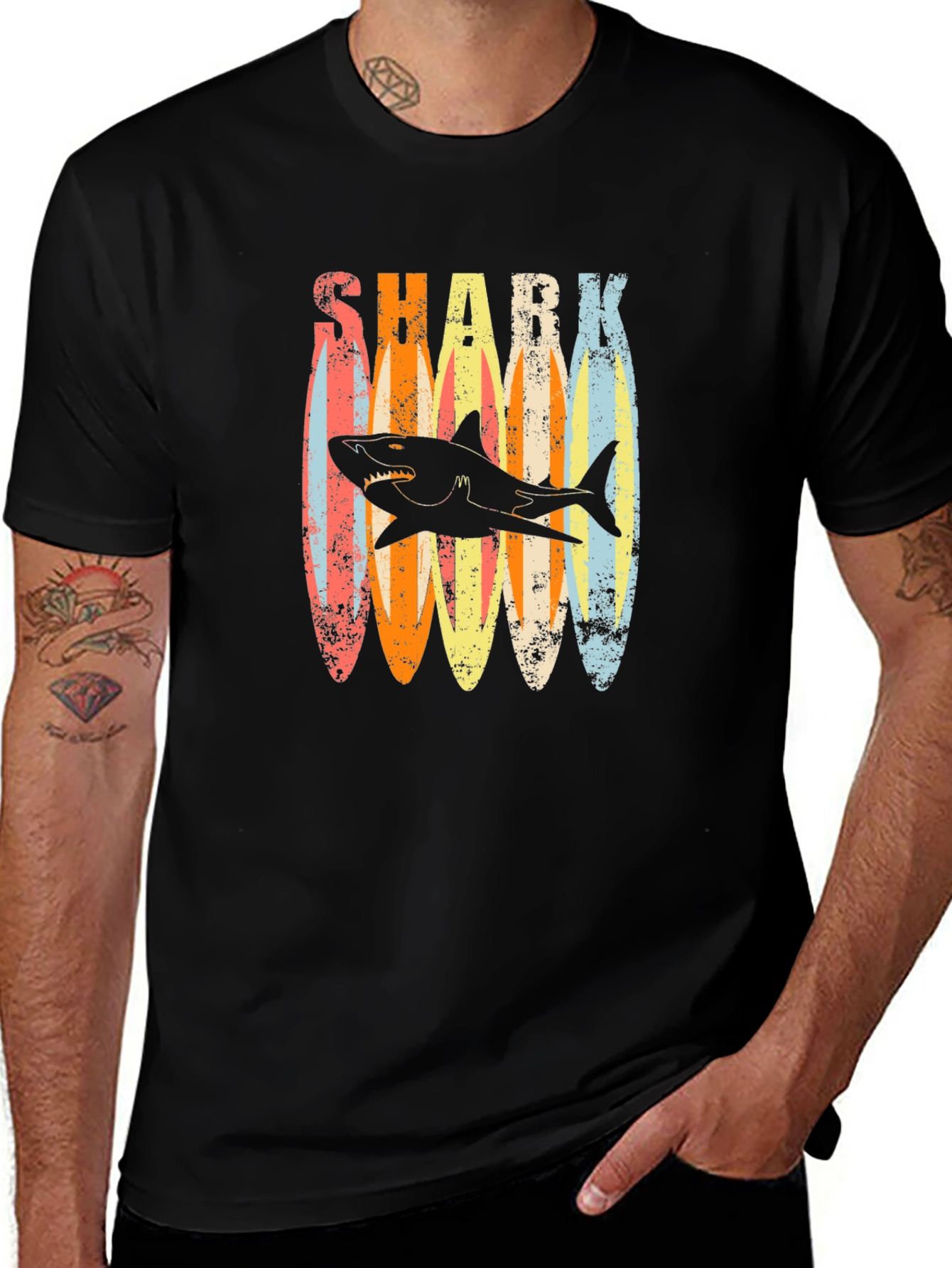 Retro Shark Surfboard T-Shirt - Casual Graphic Tee