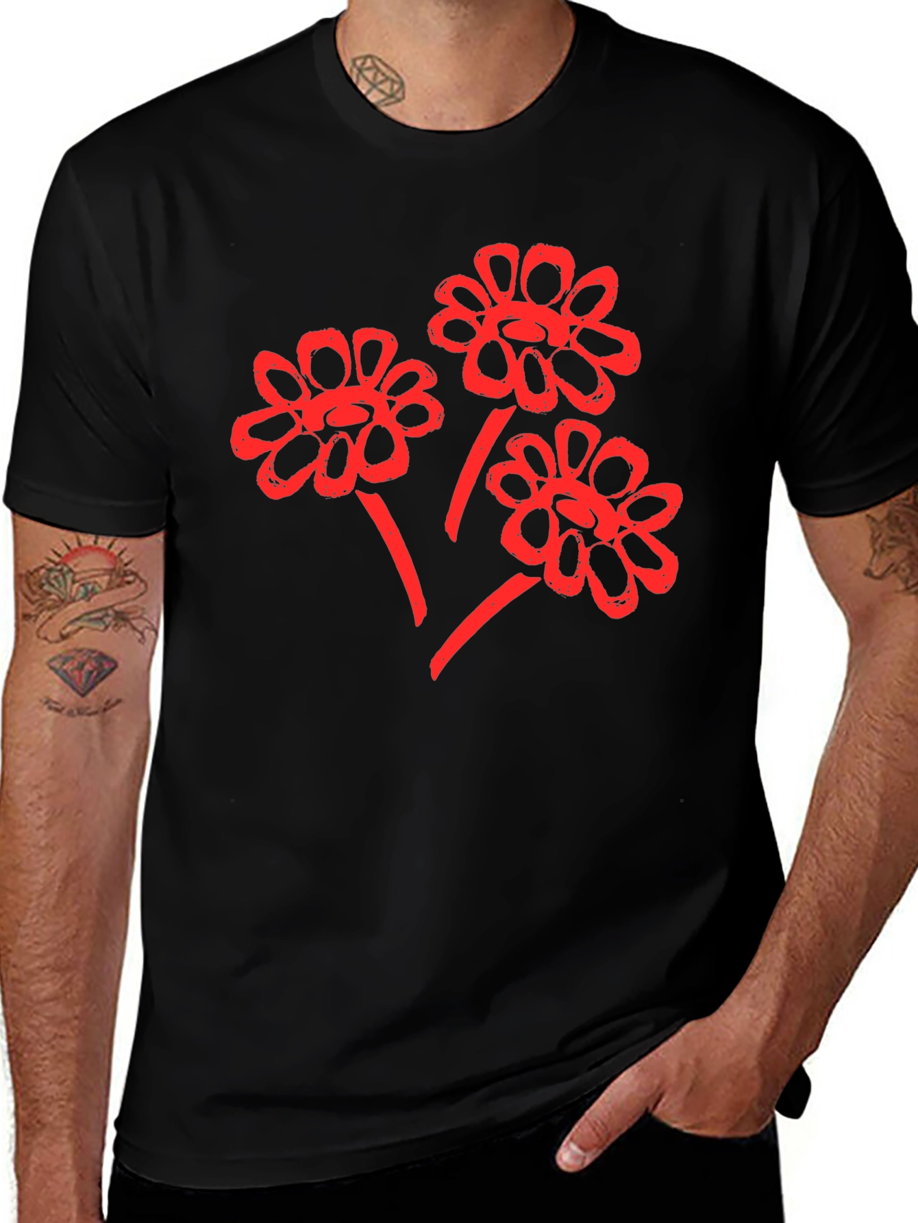 Variant 8 of Red Floral Graphic Print Black T-Shirt