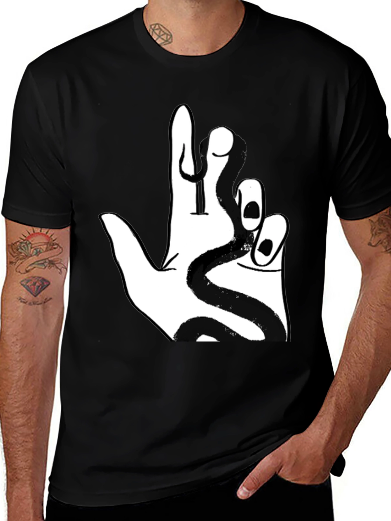 Variant 17 of Hand & Snake Graphic Black Tee - Unisex Casual Style