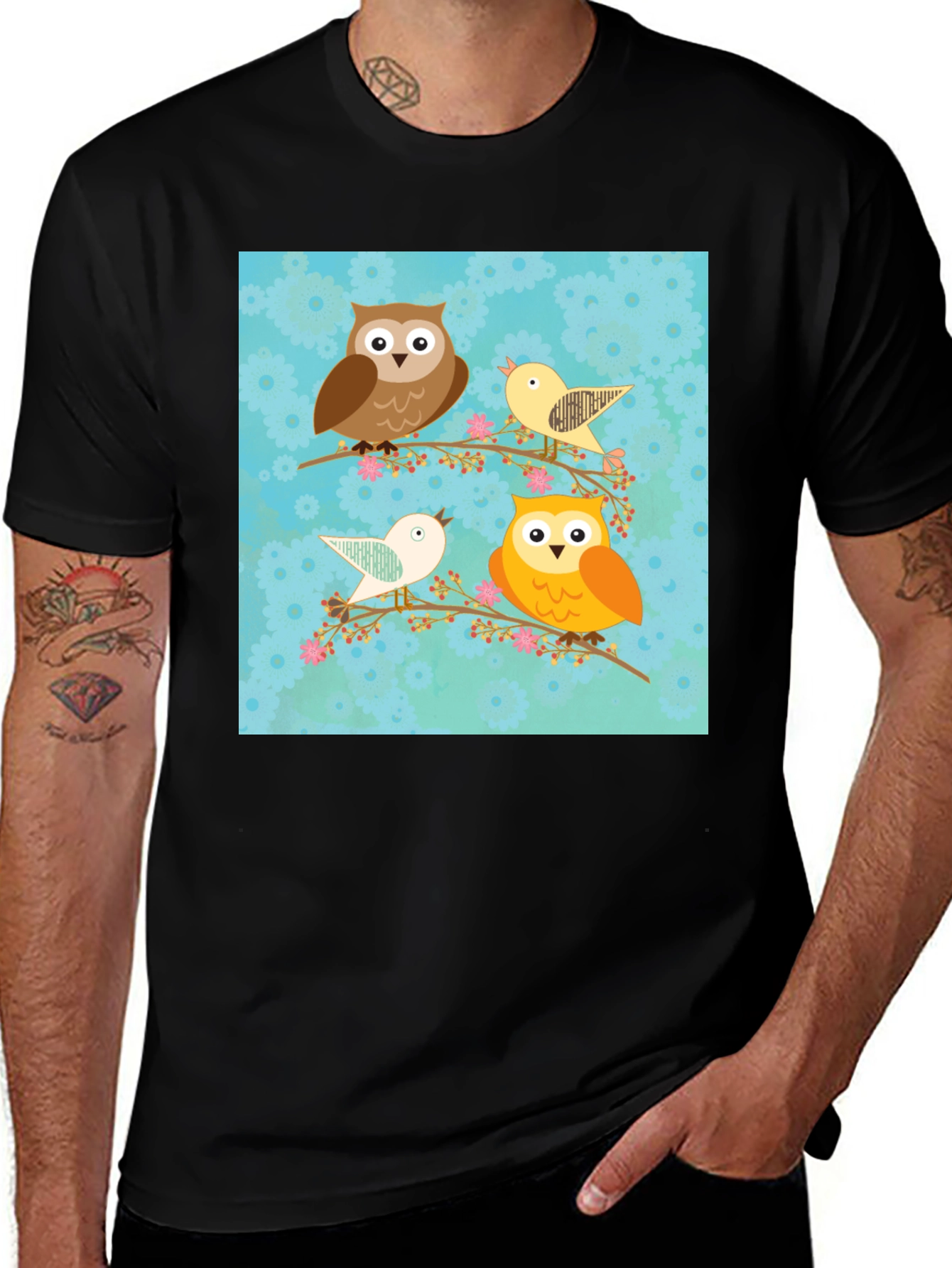 Variant 7 of Cute Owl & Bird Graphic Print Black T-Shirt