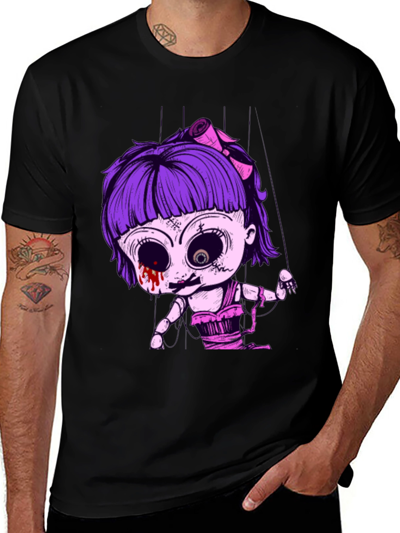 Variant 15 of Creepy Doll Puppet Graphic Tee - Black Cotton T-Shirt