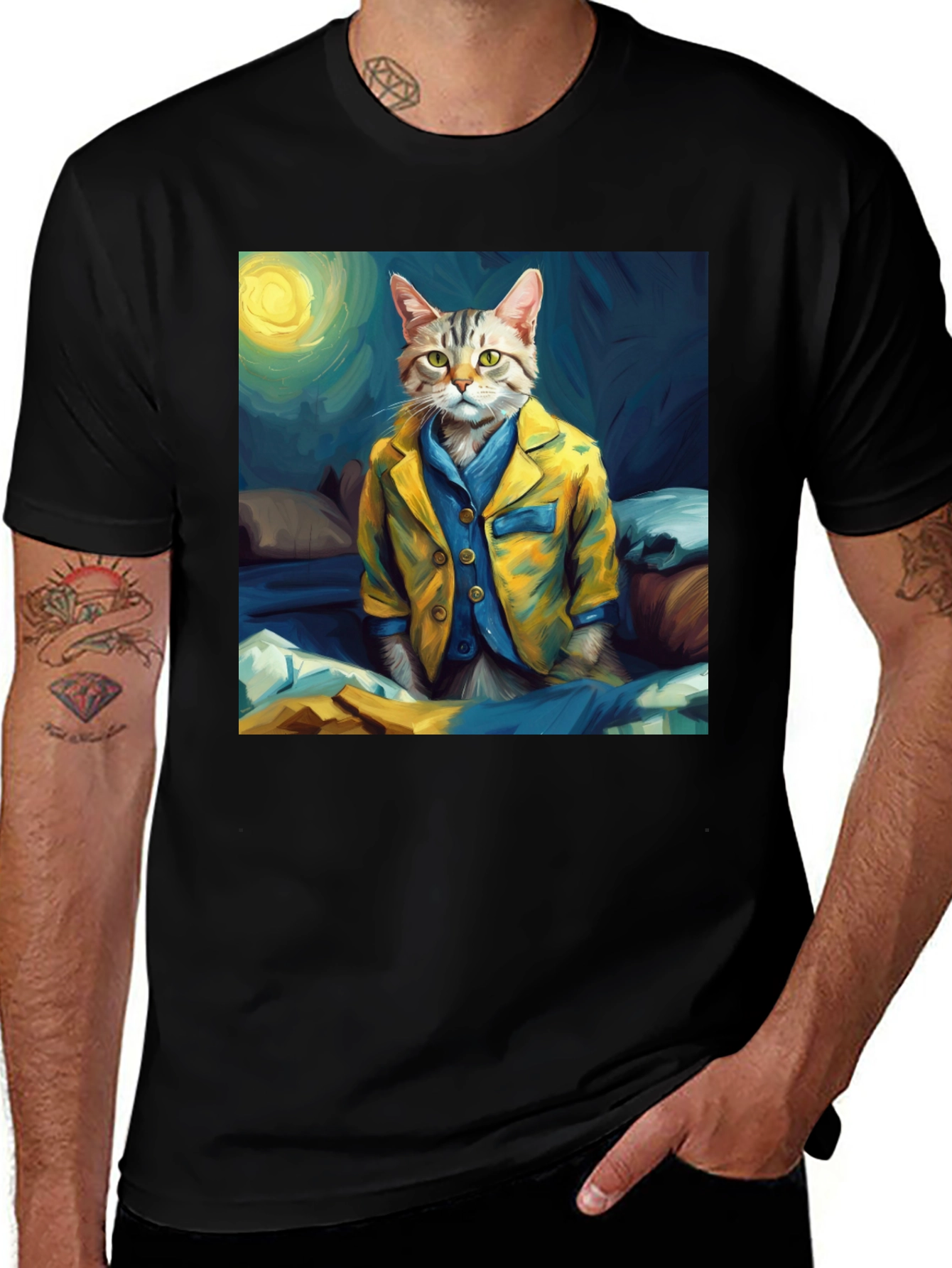 Black Cat in Pajamas T-Shirt - Artistic Animal Tee main image
