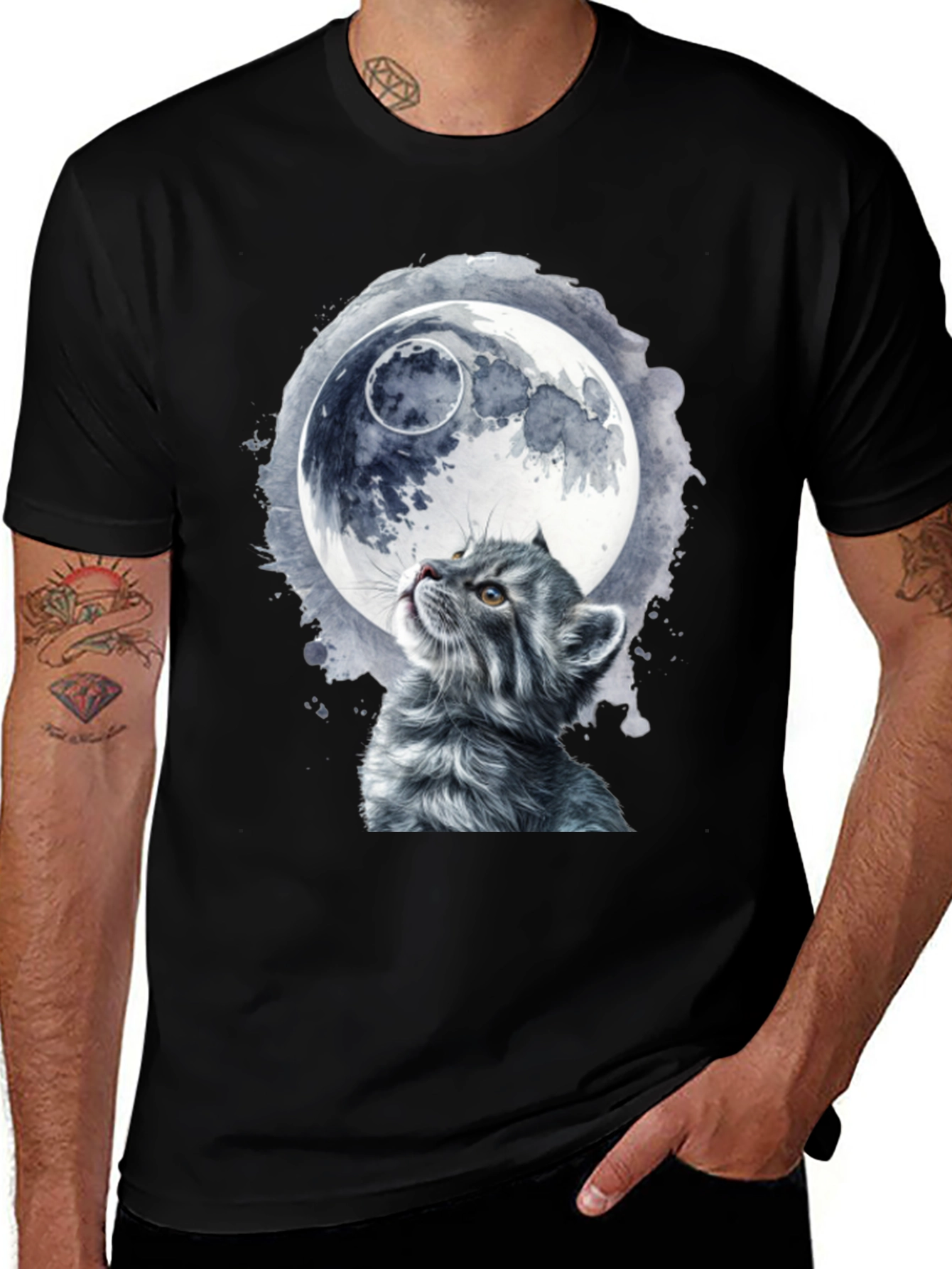 Variant 2 of Cat & Moon Graphic T-Shirt - Unique Black Tee