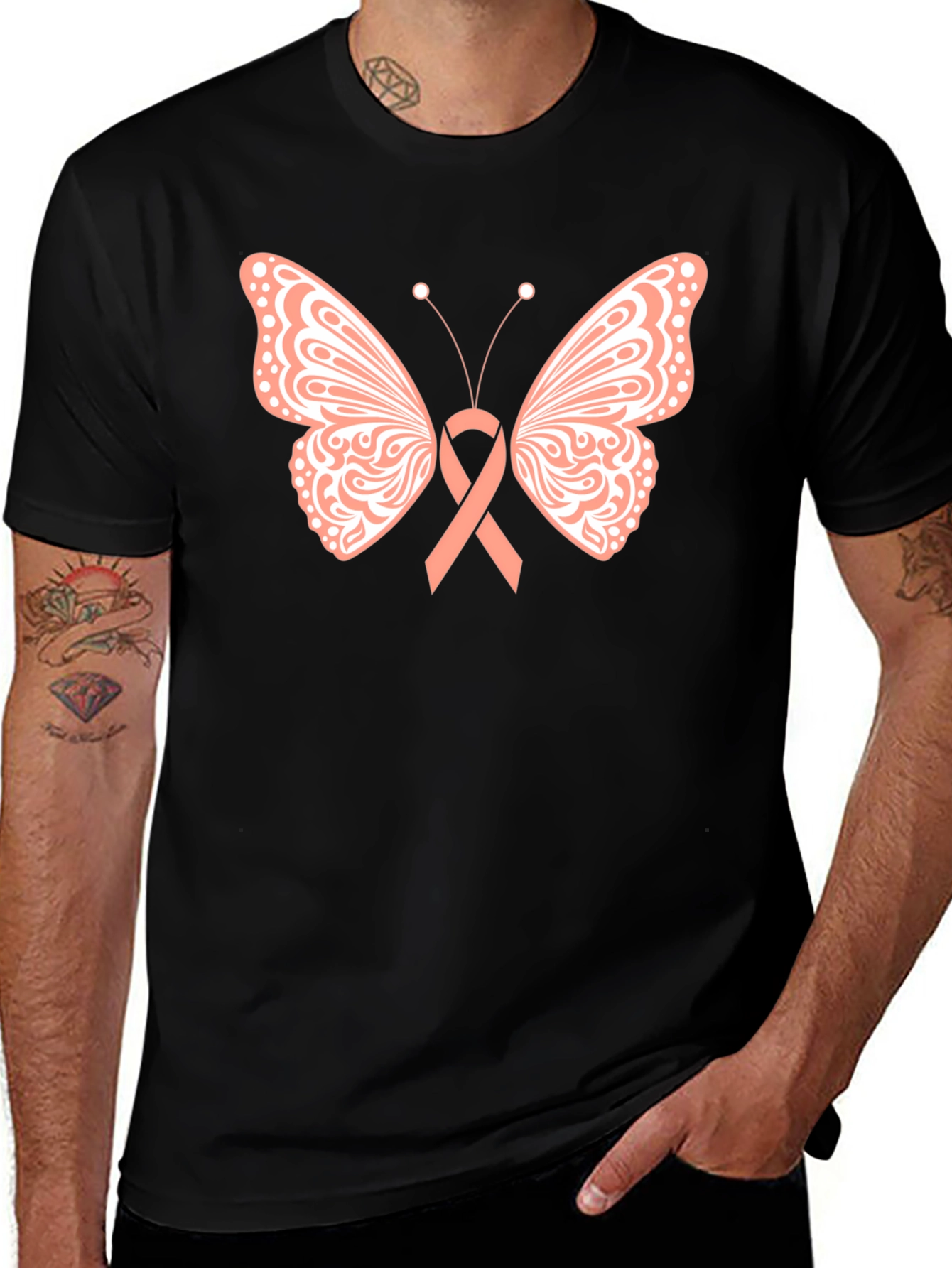 Variant 28 of Butterfly Ribbon T-Shirt Breast Cancer Awareness Black Tee