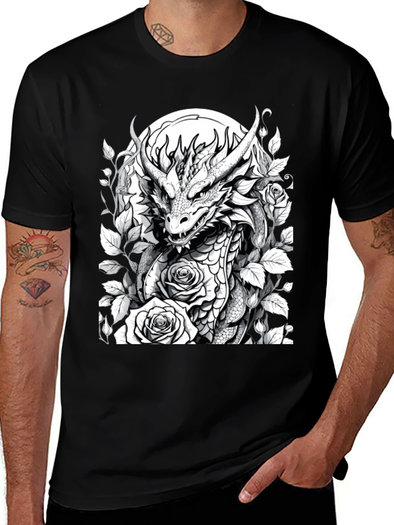 Variant 15 of Dragon & Roses Graphic Tee - Black