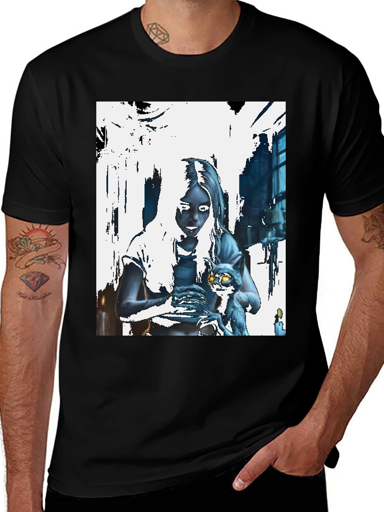 Variant 4 of Eerie Girl and Cat Graphic Tee - Unisex Black T-Shirt