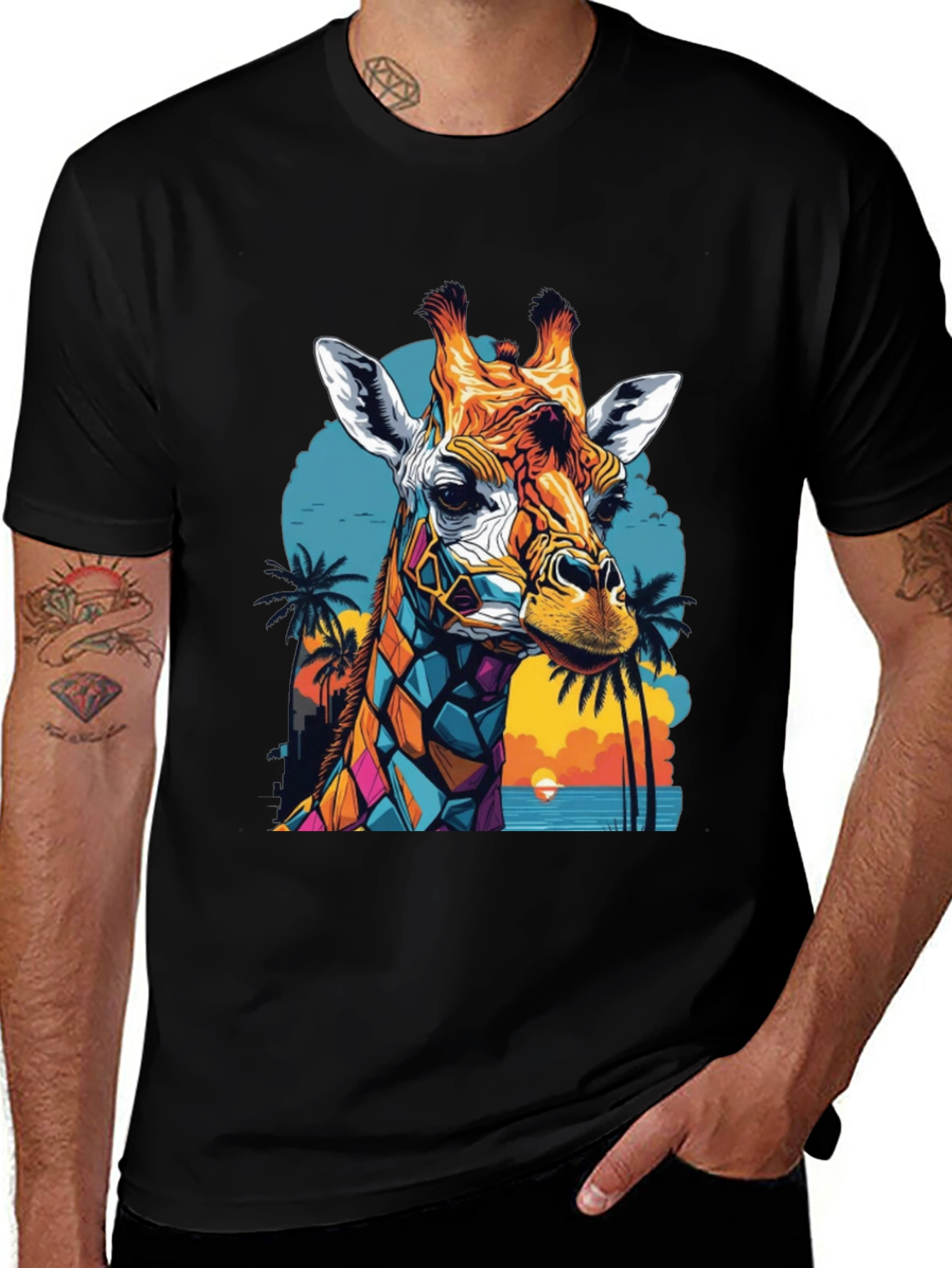 Variant 8 of Geometric Giraffe Graphic Tee - Tropical Sunset Design
