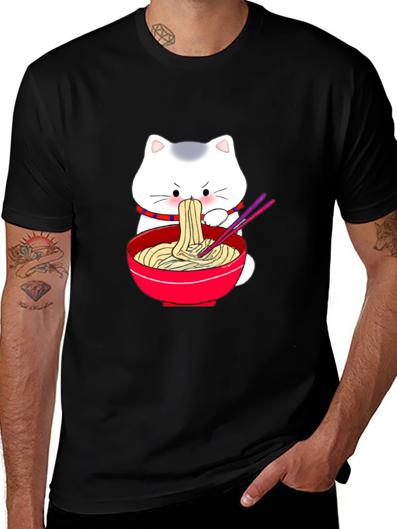 Variant 19 of Cute Cat Ramen T-Shirt - Black, Cartoon Graphic Tee