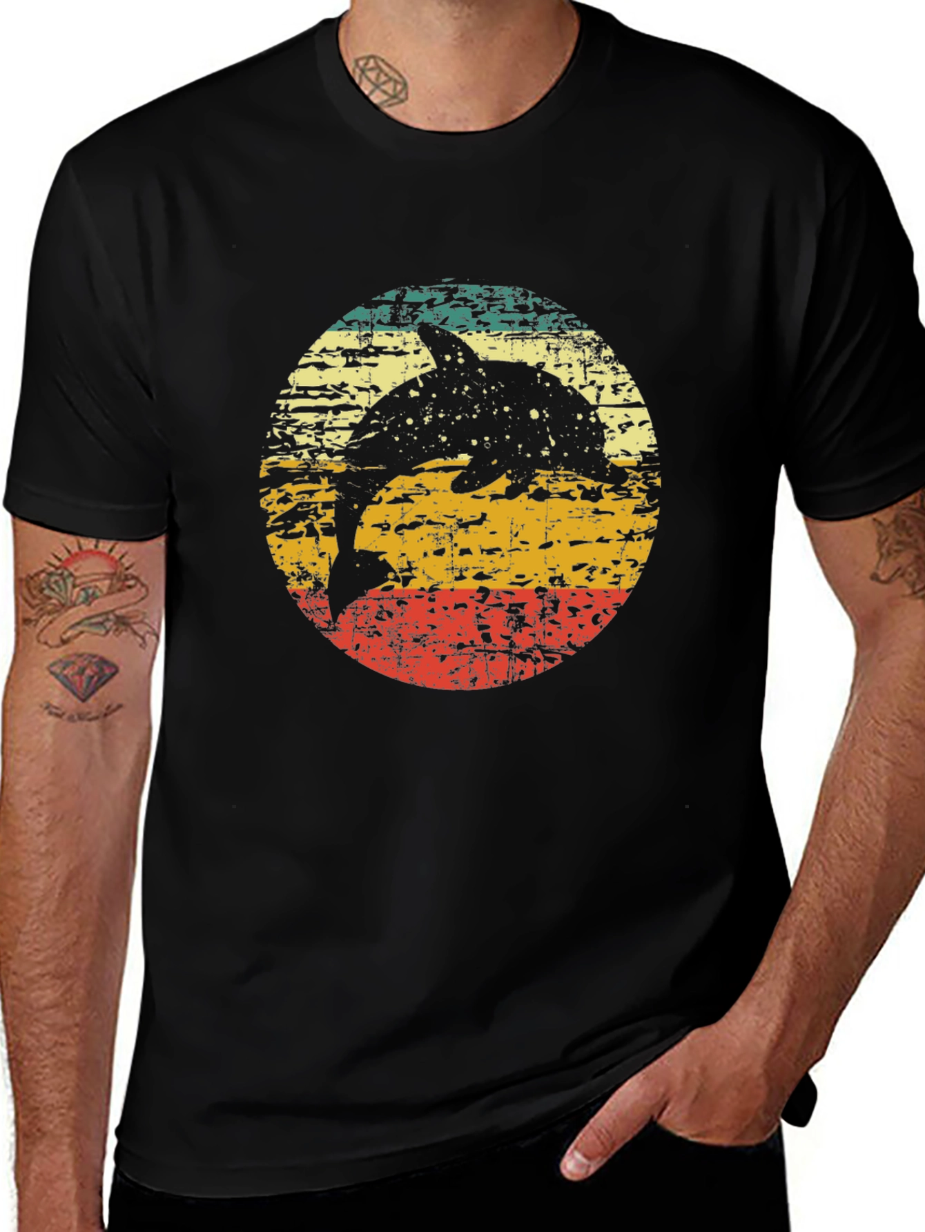 Variant 10 of Retro Dolphin Sunset T-Shirt - Vintage Style Black Tee