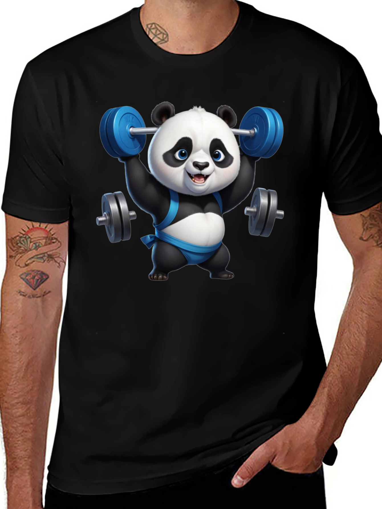 Variant 10 of Funny Panda Lifting Weights Black T-Shirt