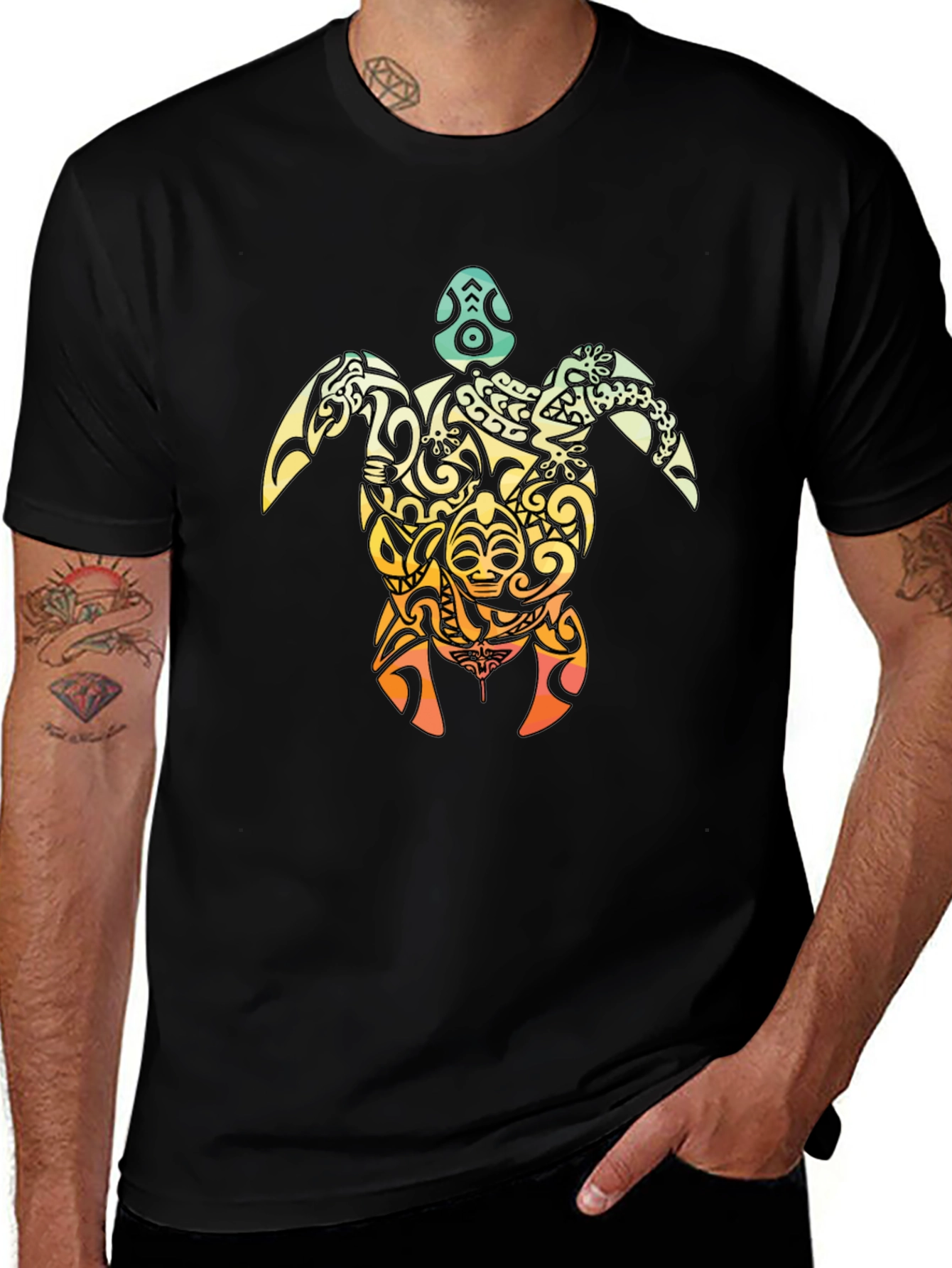 Black Tribal Turtle Graphic T-Shirt - Black main image