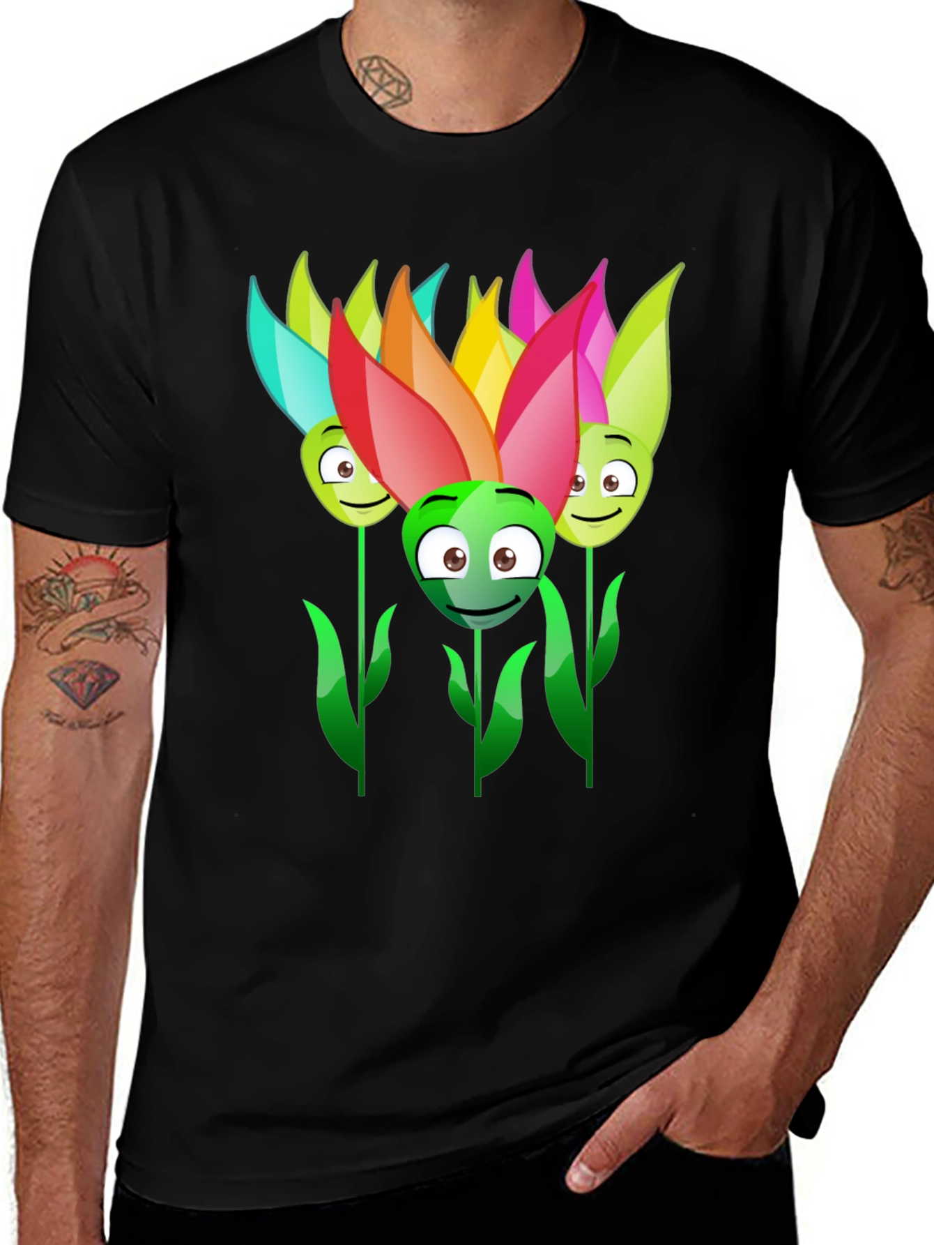 Variant 7 of Funny Flower Faces Black T-Shirt