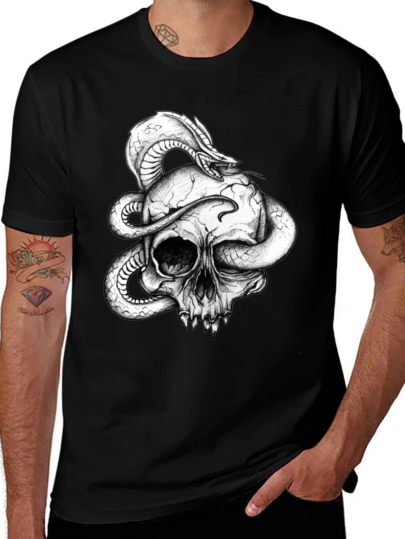Variant 24 of Skull & Snake Graphic Tee - Men's Black T-Shirt