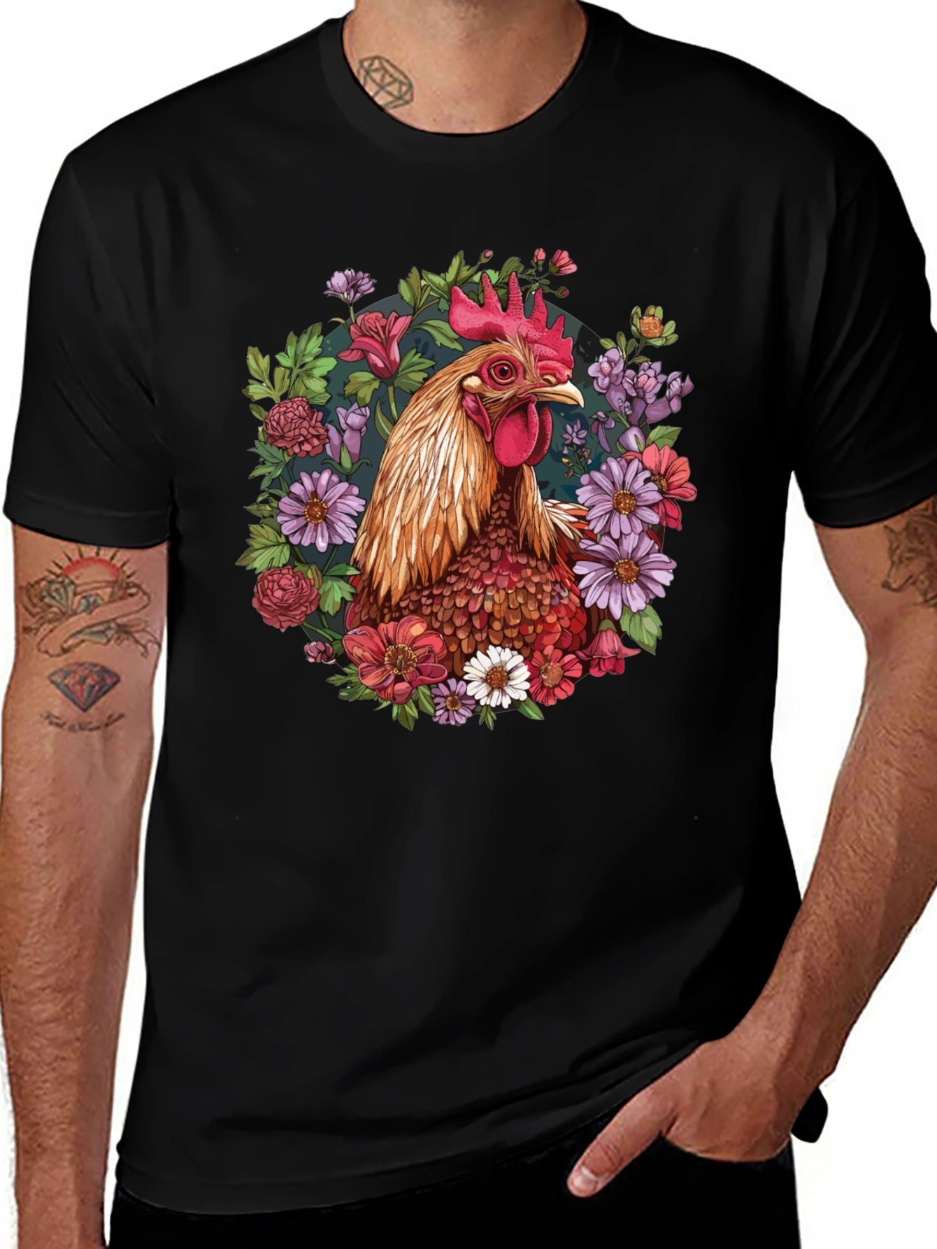Rooster Floral T-Shirt - Unique Graphic Tee