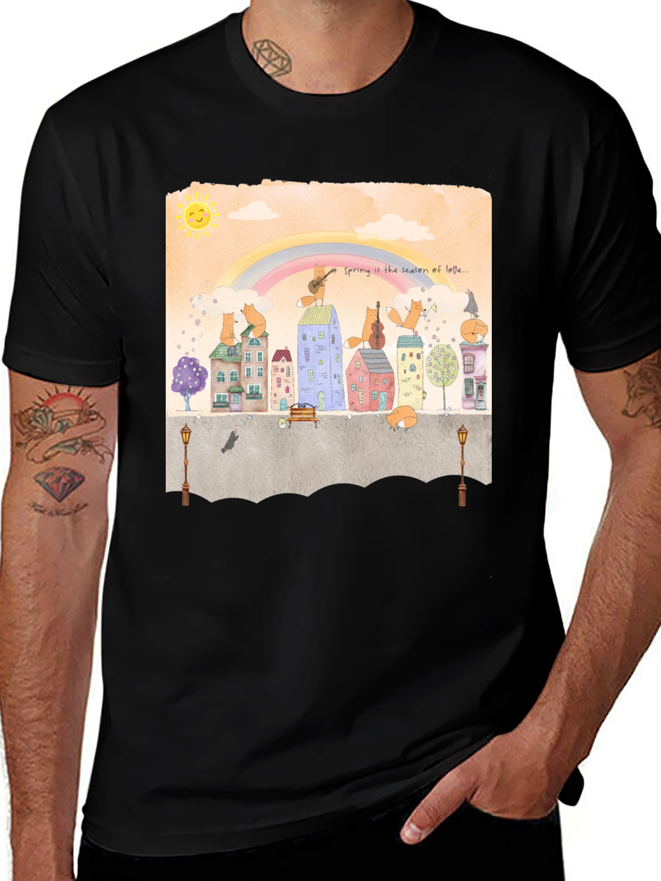 Whimsical Town T-Shirt - Spring Foxes Design