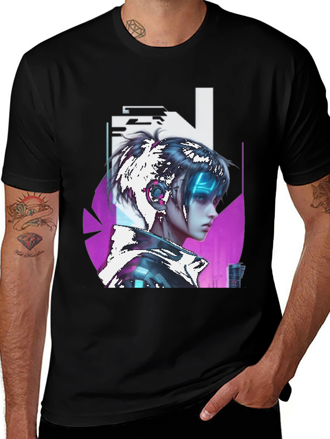 Variant 26 of Cyberpunk Girl Graphic Tee - Black Cotton T-Shirt