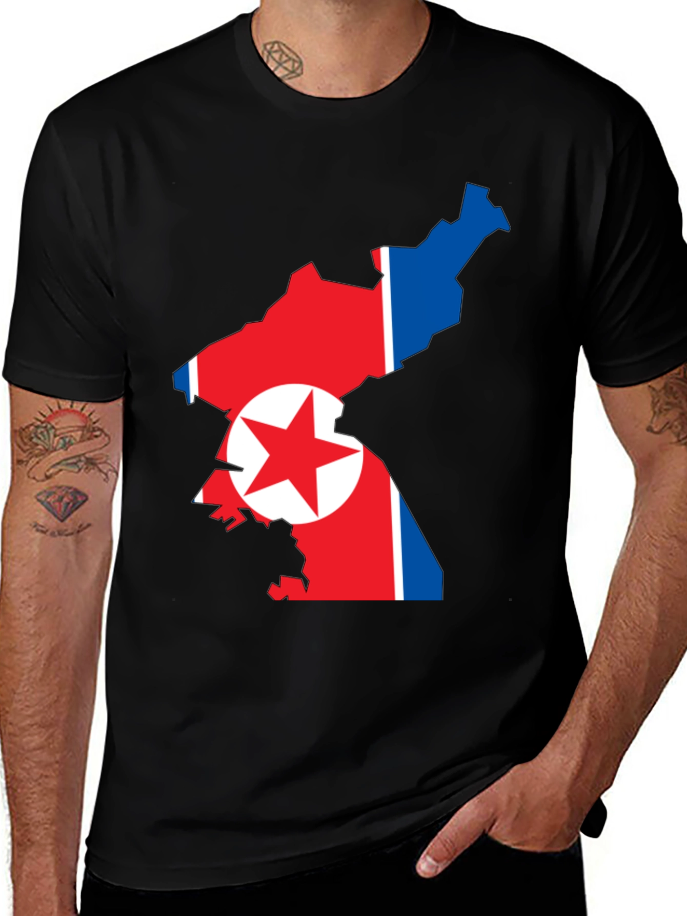 Variant 14 of North Korea Map Flag Graphic Black T-Shirt