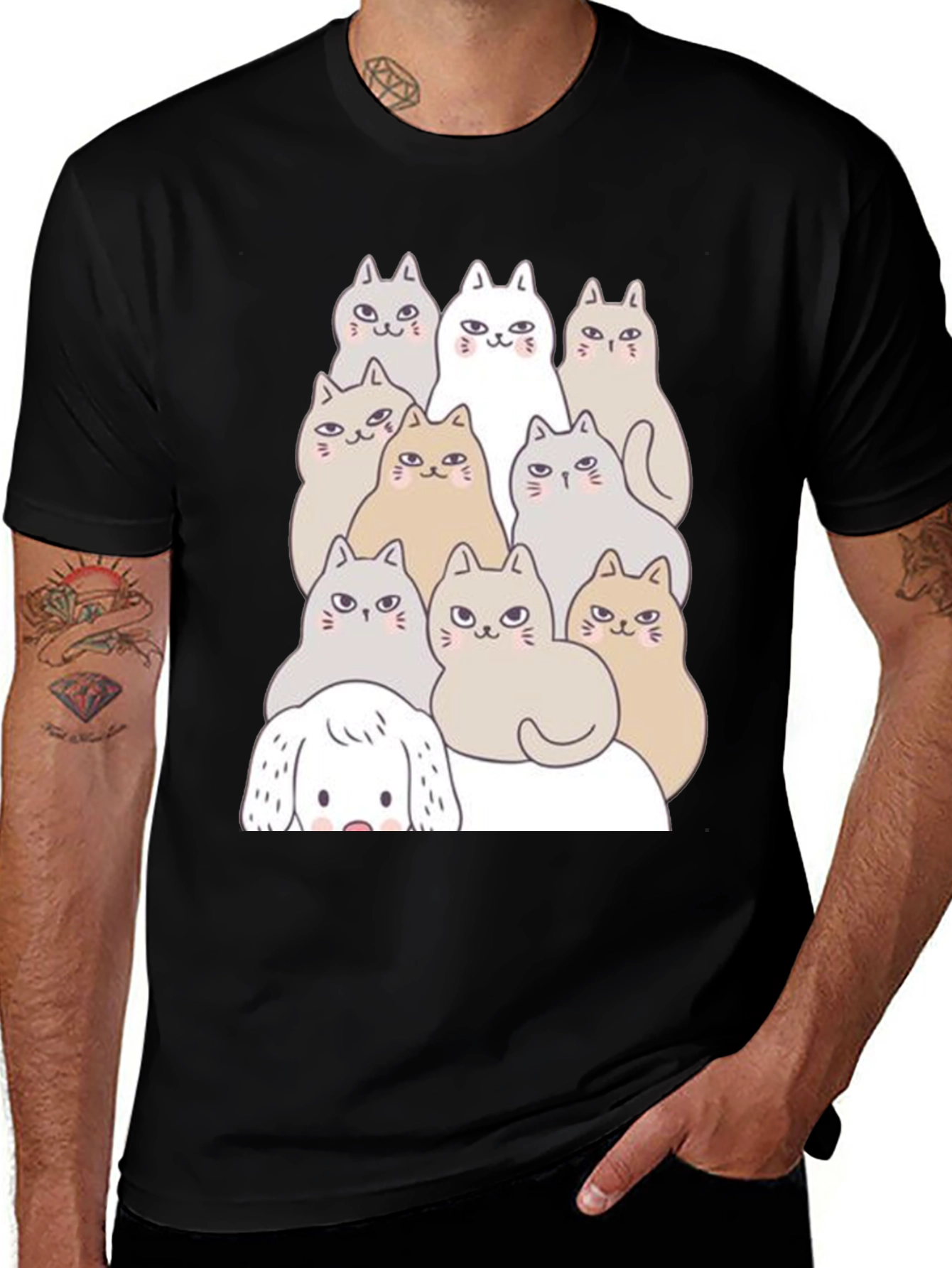 Variant 3 of Cute Cartoon Cats & Dog Black T-Shirt
