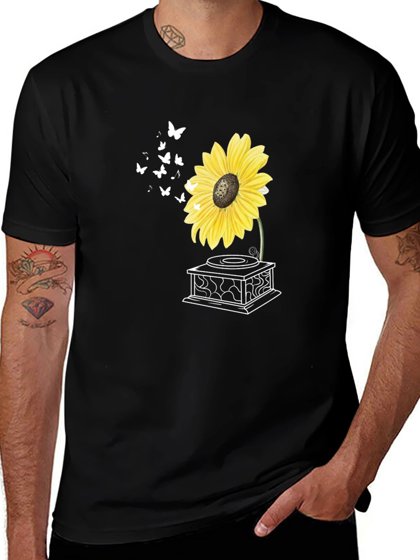 Variant 25 of Sunflower Gramophone T-Shirt - Unique Floral Design