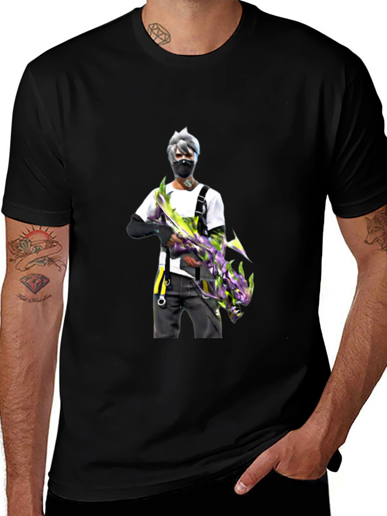 Variant 30 of Black T-Shirt with Gamer Character Print