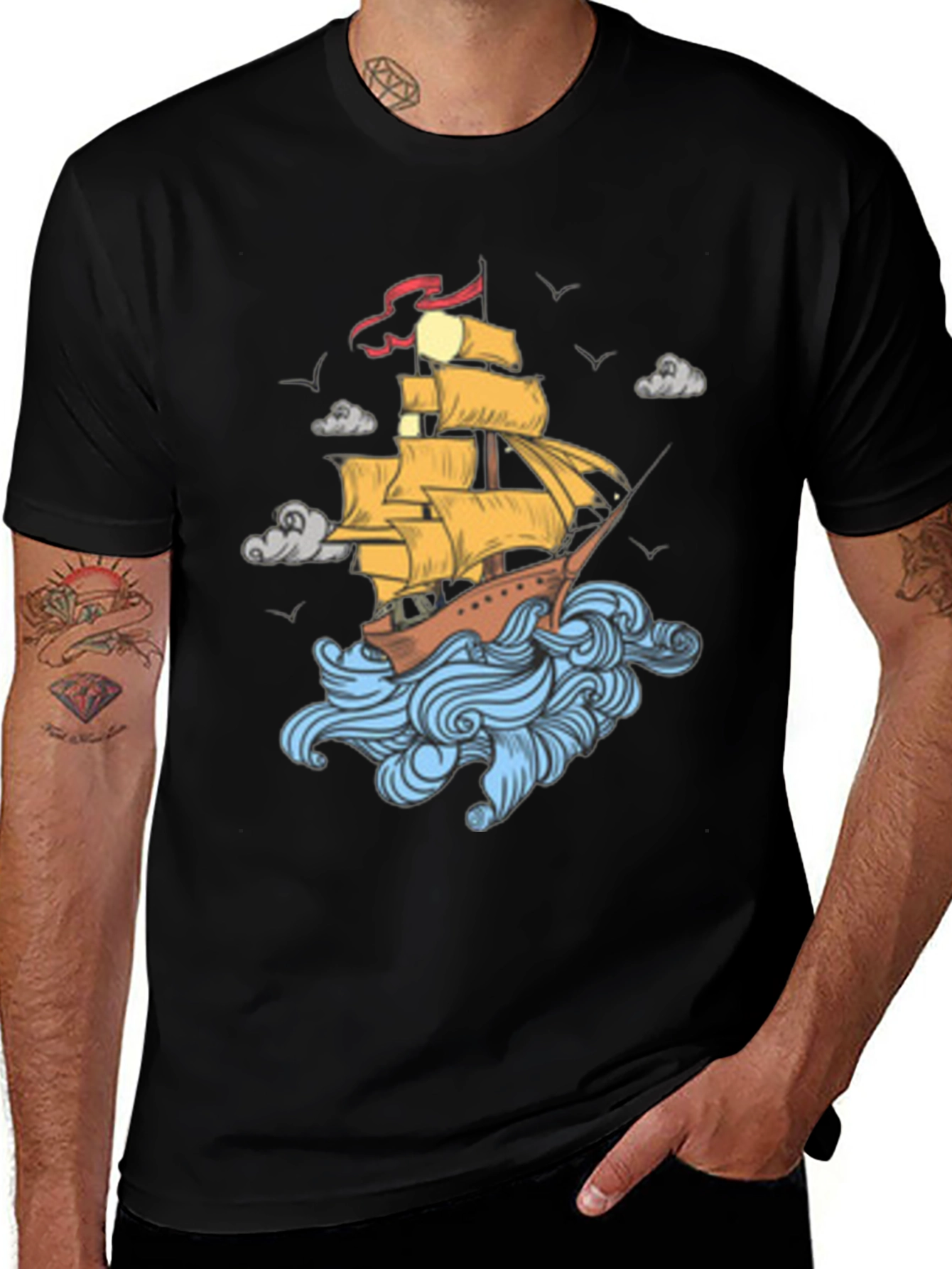 Variant 8 of Nautical Ship Graphic Print Black T-Shirt