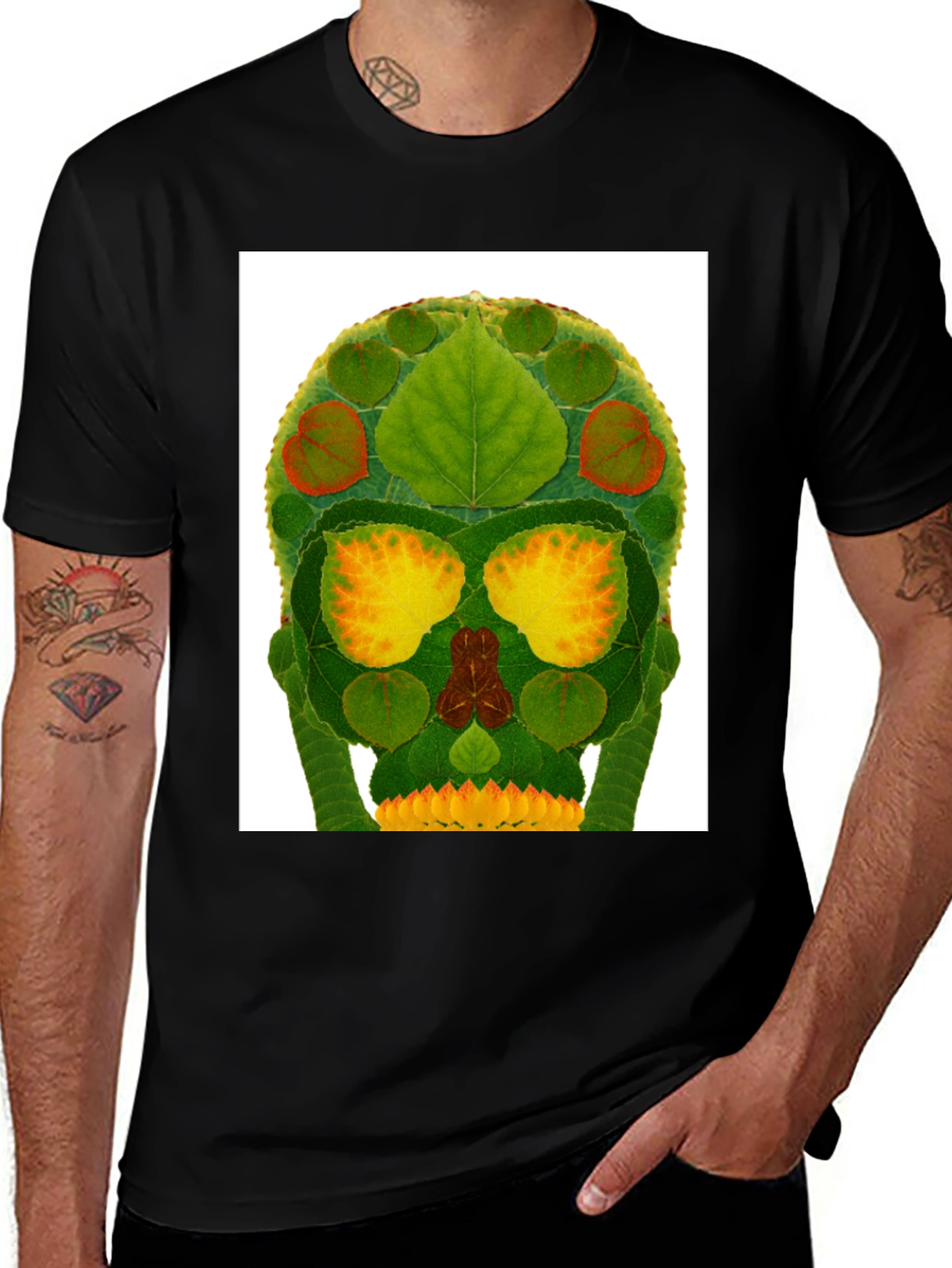 Variant 29 of Leaf Skull Graphic Tee - Black Cotton Casual Shirt