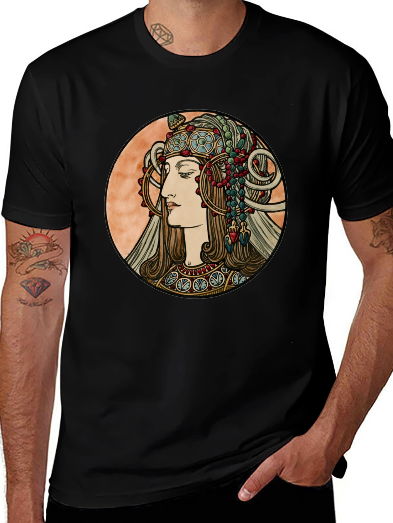 Variant 24 of Art Nouveau Woman Graphic Tee - Black Cotton T-Shirt