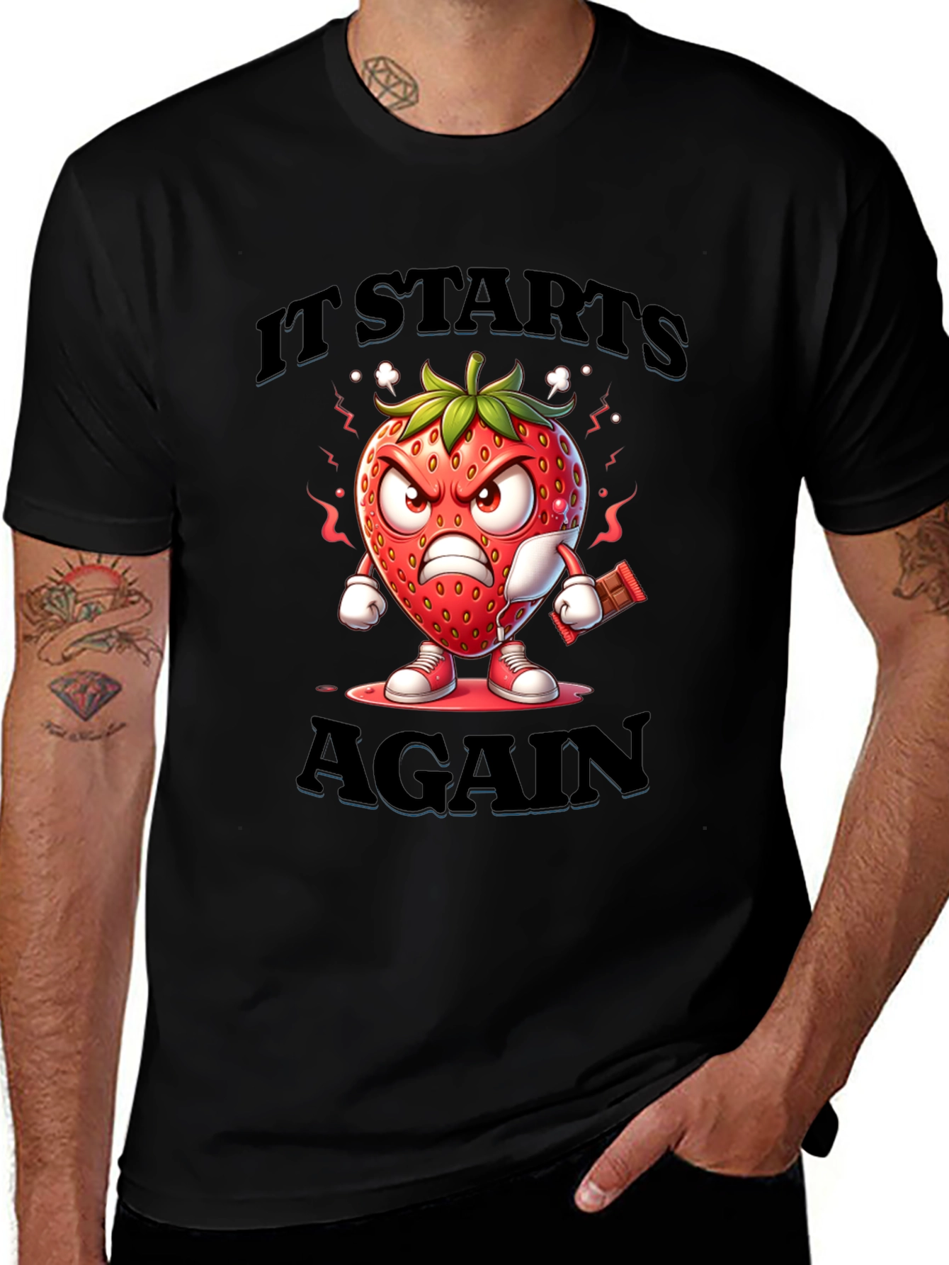 It Starts Again T-Shirt: Angry Strawberry Graphic Tee