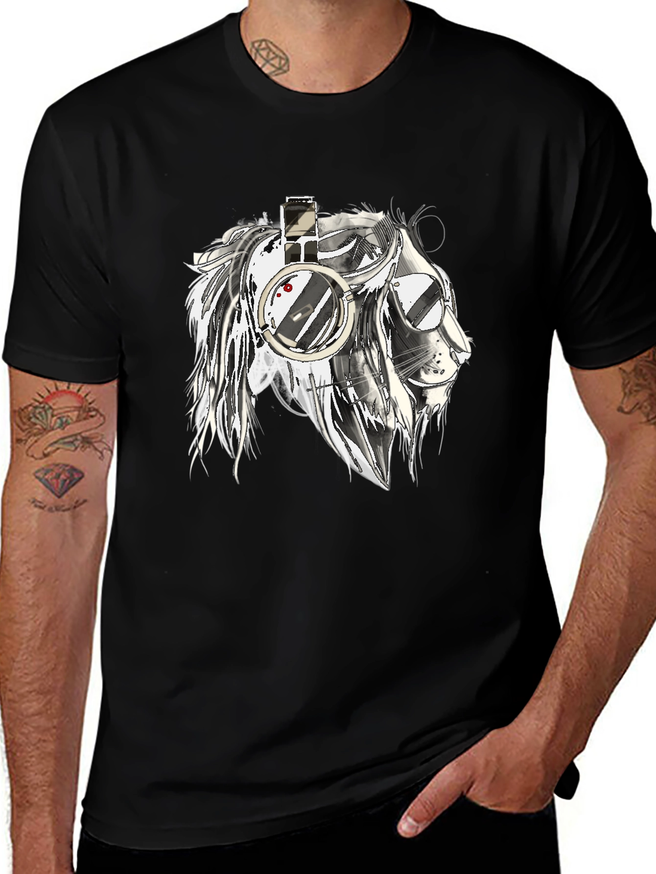 Variant 21 of Lion with Headphones Graphic Black T-Shirt