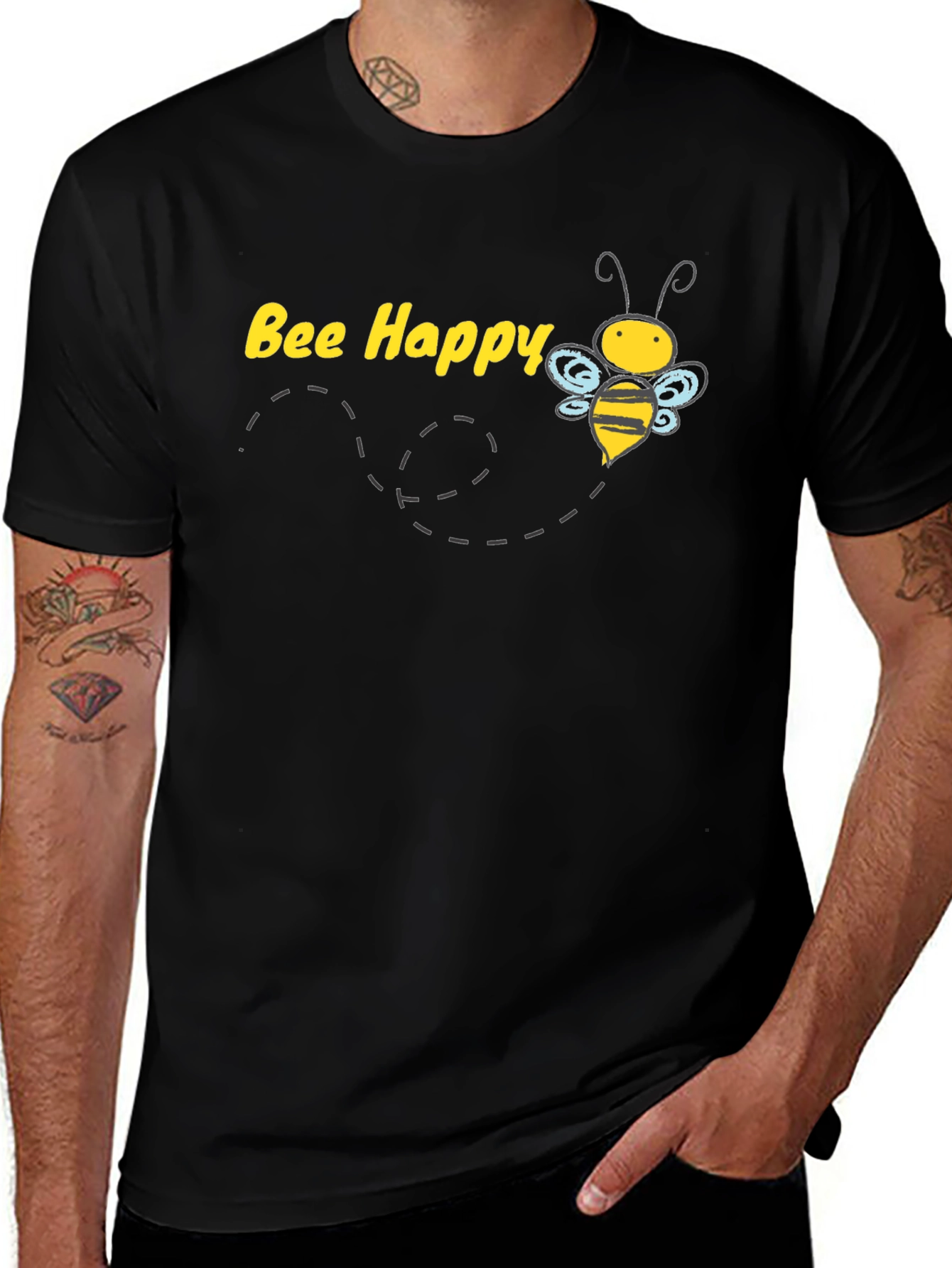 Variant 17 of Bee Happy Graphic T-Shirt - Black Cotton Tee