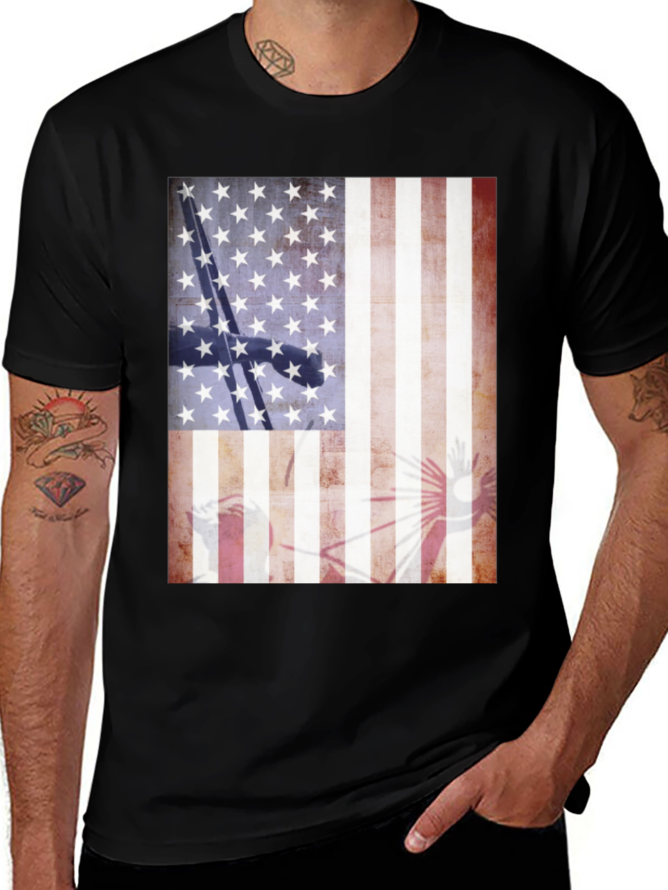 American Flag T-Shirt with Eagle and Rifle Design