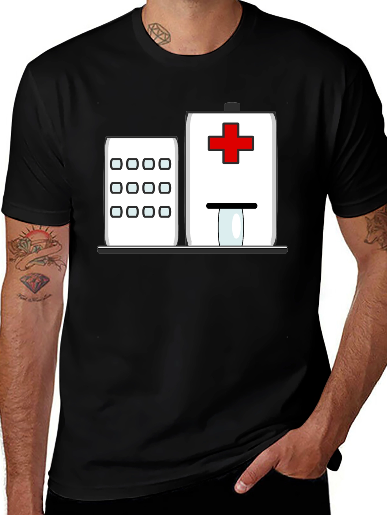 Variant 17 of Hospital Cartoon Graphic Tee - Black Cotton Shirt