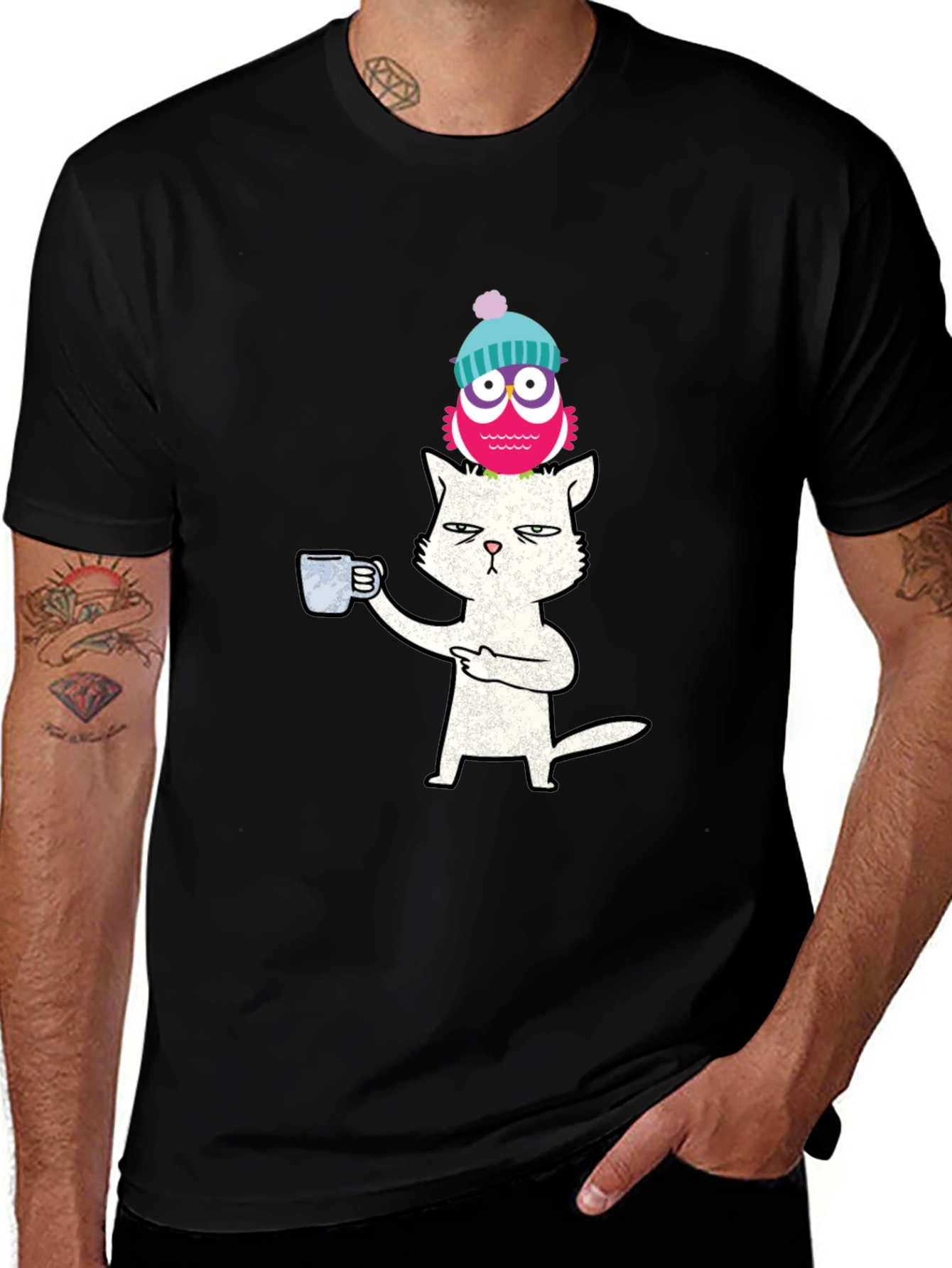 Variant 13 of Cat With Coffee & Owl On Head T-Shirt