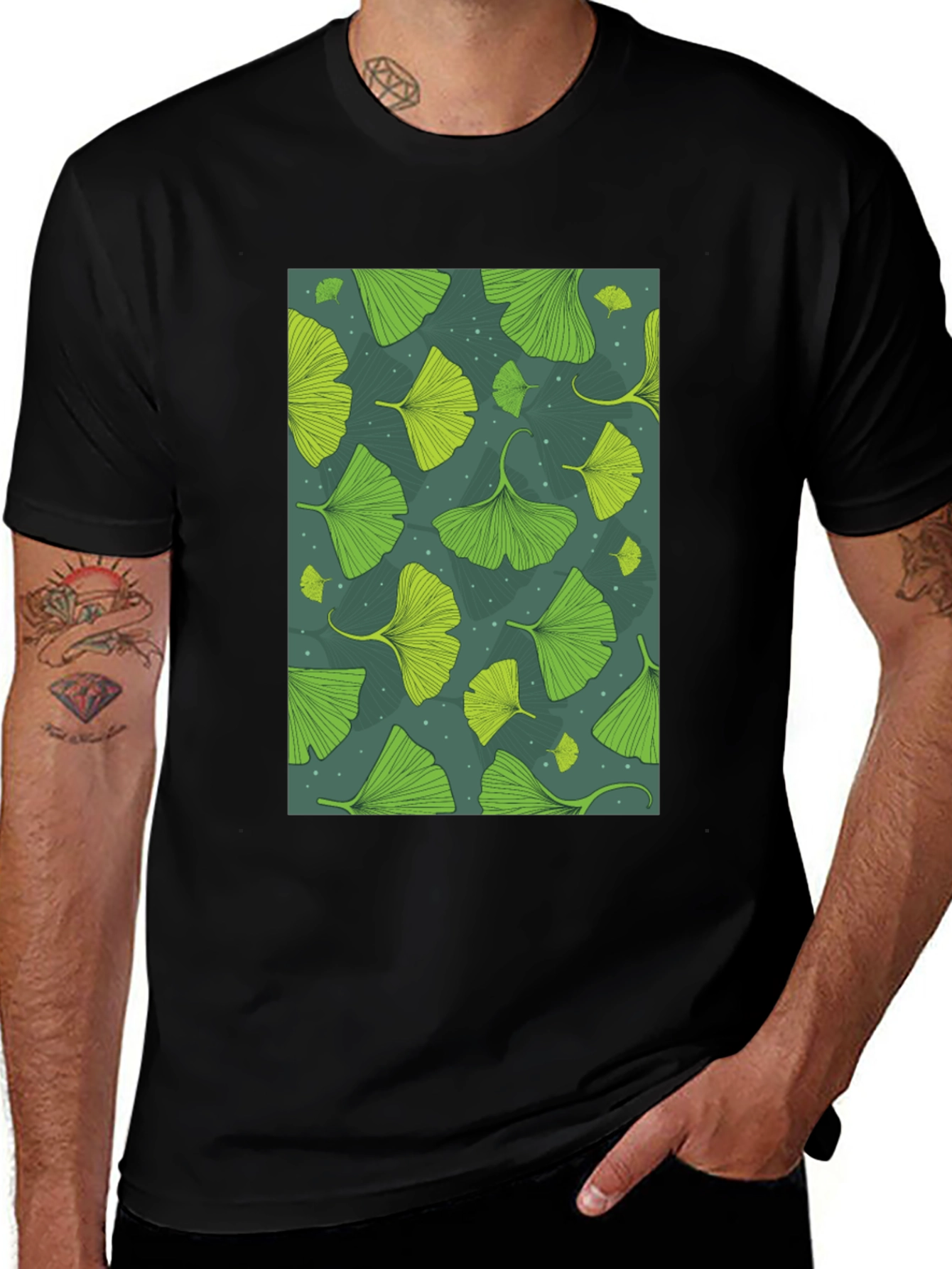 Variant 8 of Ginkgo Leaf Print Black T-Shirt - Nature Inspired Tee