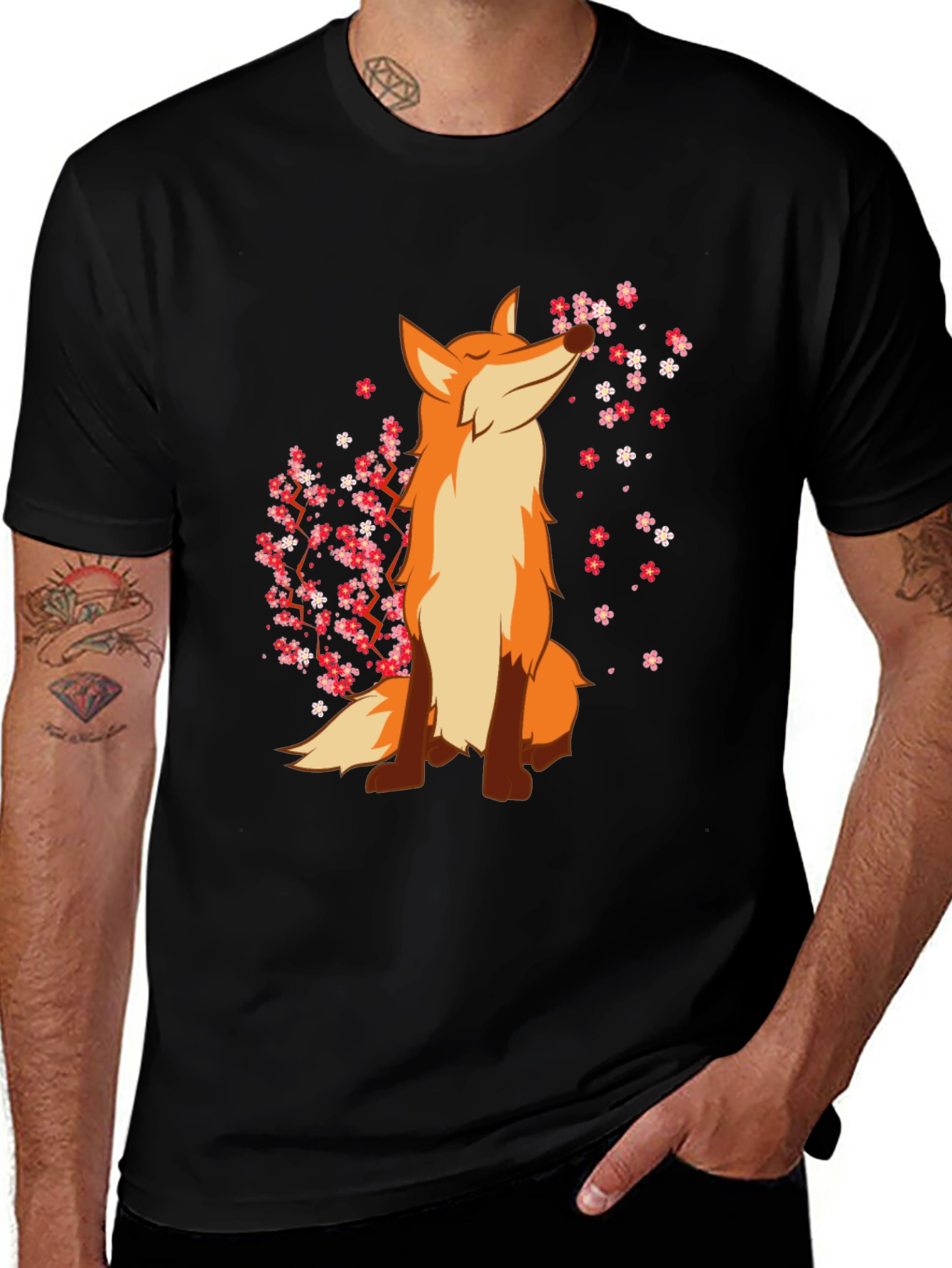 Variant 21 of Fox and Cherry Blossom Black T-Shirt