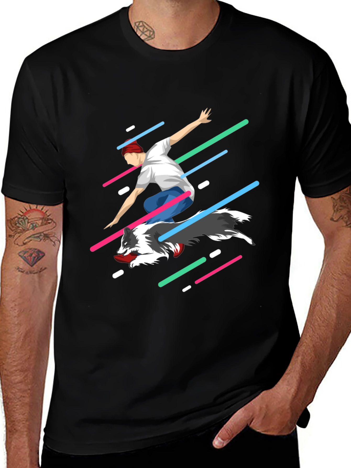 Variant 10 of Cool Graphic Tee - Man Riding Dog with Neon Lines